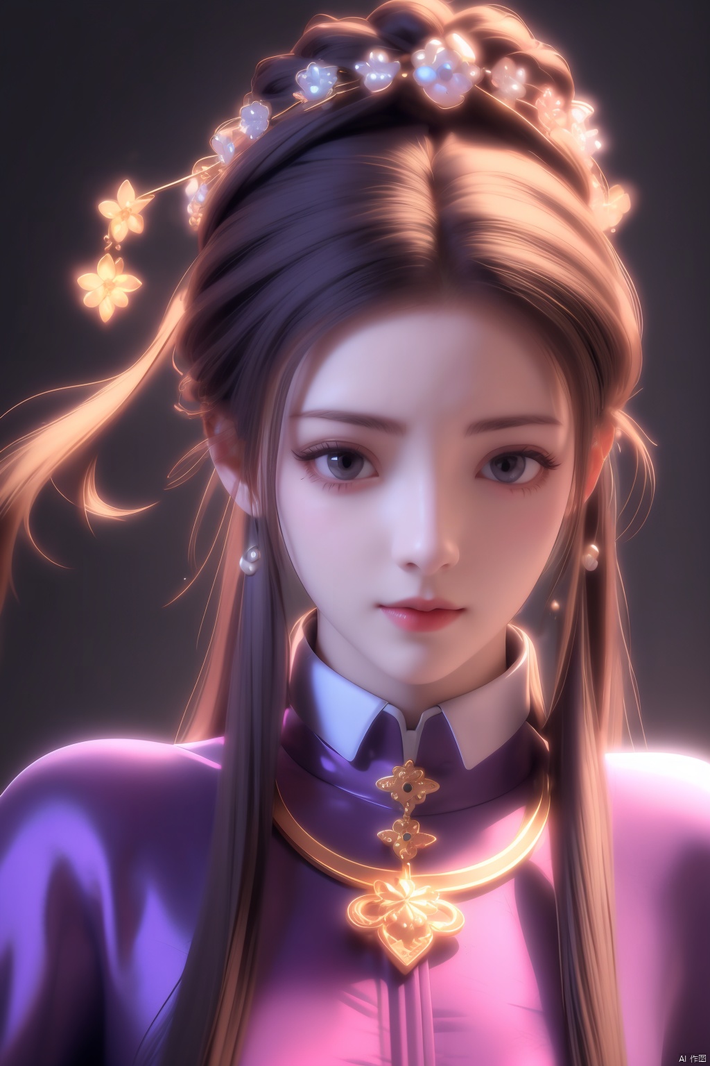  1 girl,(Purple light effect),hair ornament,jewelry,looking at viewer,floating hair