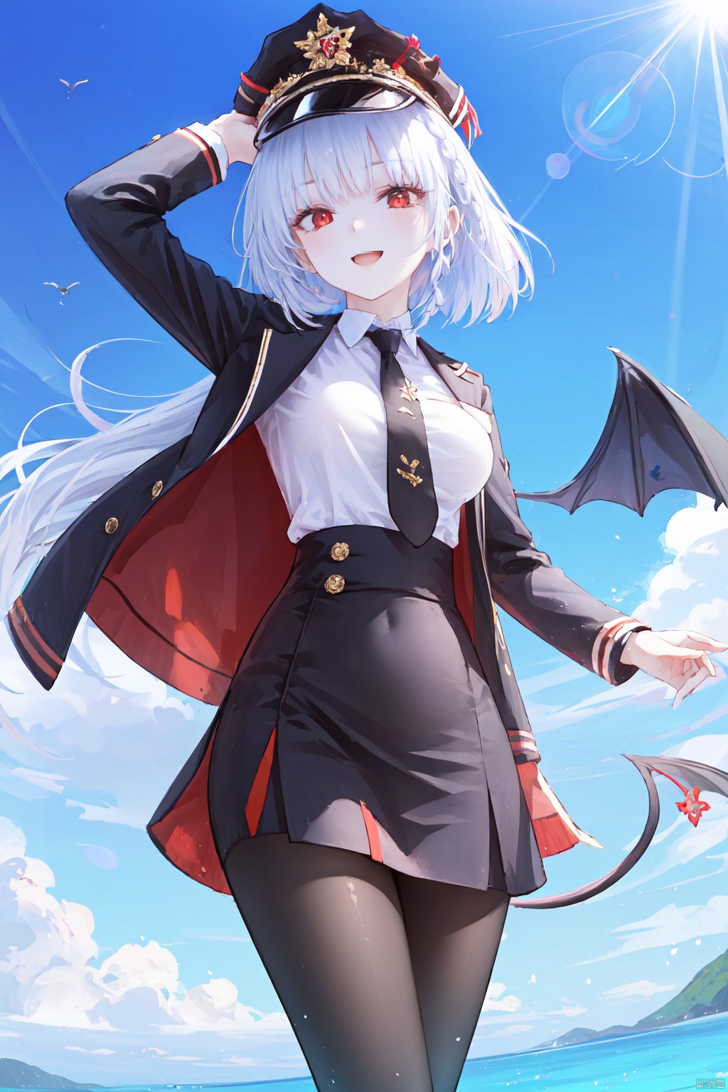  1girl,solo,(masterpiece:1.3),( beautiful:1.2),(high quality:1.2),(finely detailed:1.2),extremely detailed CG unity 8k wallpaper,best quality,a very delicate and beautiful,perfect fingers,(one cute girl at the center:1.2),

long hair, breasts, bangs, skirt, shirt, red eyes, long sleeves, hat, medium breasts, jacket, tail, white shirt, braid, grey hair, pantyhose, wings, necktie, collared shirt, black skirt, black jacket, black pantyhose, single braid, black headwear, halo, demon tail, peaked cap, black necktie, black wings, demon wings, high-waist skirt, jacket on shoulders, single wing, standing,feet_out_of_frame,
open_mouth, smile, colorful, sunlight, daytime, sunshine, saratogaAL,harunaBA