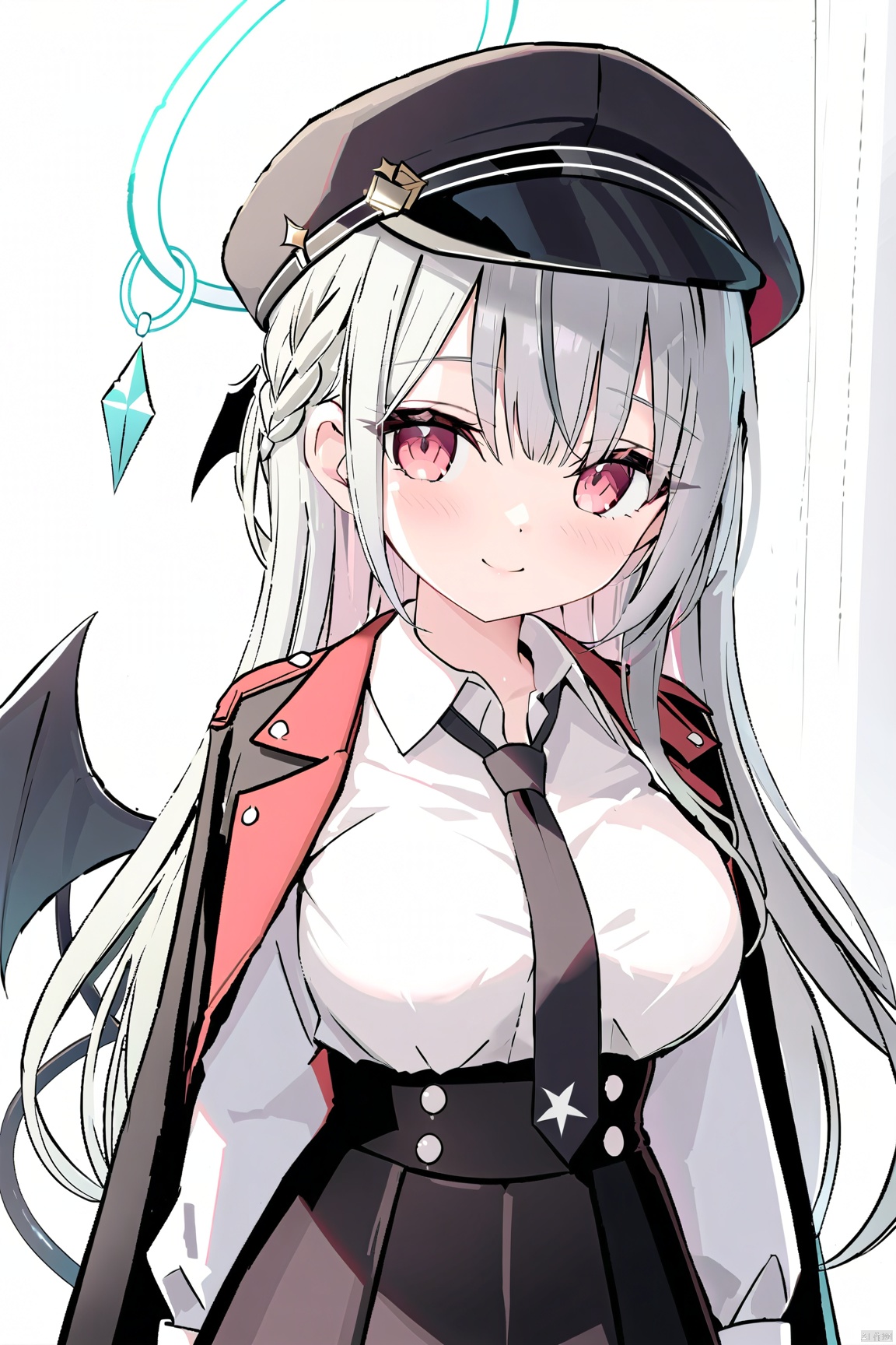 1girl,solo,(masterpiece:1.3),( beautiful:1.2),(high quality:1.2),(finely detailed:1.2),extremely detailed CG unity 8k wallpaper,best quality,a very delicate and beautiful,(perfect fingers),(one cute girl at the center:1.2),blush,smile,shy,looking_at_viewer,
long hair, breasts, bangs, skirt, shirt, red eyes, long sleeves, hat, medium breasts, jacket, tail, white shirt, braid, ((grey hair)), pantyhose, wings, necktie, collared shirt, black skirt, black jacket, black pantyhose, single braid, black headwear, halo, demon tail, peaked cap, black necktie, black wings, demon wings, high-waist skirt, jacket on shoulders, single wing,harunaBA
