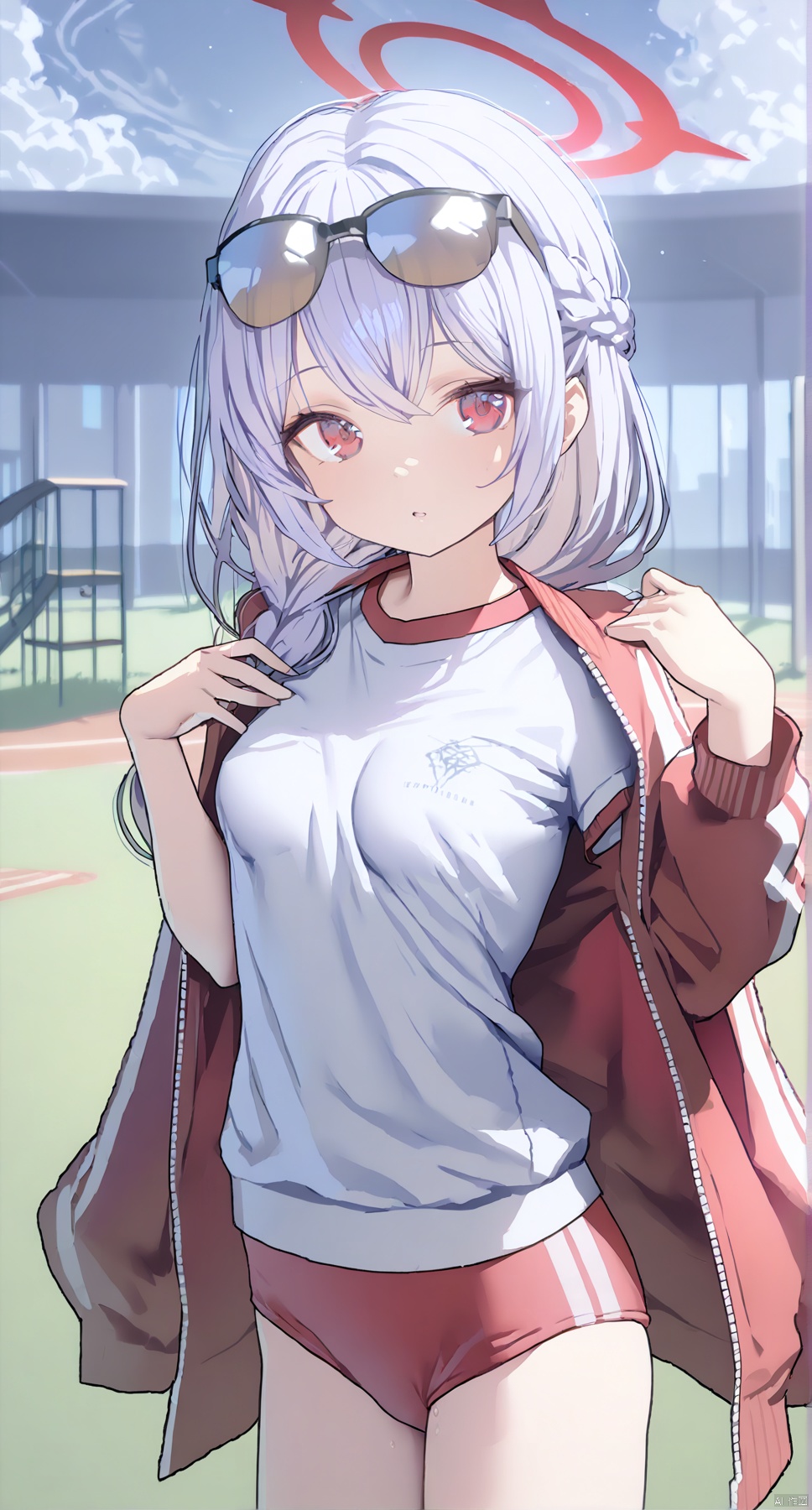 ningen mame, (masterpiece:1.3),( beautiful:1.2),(high quality:1.2),(finely detailed:1.2),extremely detailed CG unity 8k wallpaper,best quality,a very delicate and beautiful,perfect fingers,(one cute girl at the center:1.2),
parted lips ,outdoors, blue sky,sunlight, clouds, school building,lawn, loli,
1girl,(masterpiece:1.3),( beautiful:1.2),(high quality:1.2),(finely detailed:1.2),extremely detailed CG unity 8k wallpaper,best quality,a very delicate and beautiful,perfect fingers,(one cute girl at the center:1.2), halo, red halo,loli,long hair, breasts, bangs, medium breasts, shirt, red eyes, hair between eyes, jacket, white shirt, braid, white hair, sweat, wings, low wings,open jacket, single braid, halo, eyewear on head, red jacket, gym uniform, track jacket, buruma, jacket on shoulders, gym shirt, red buruma, black wings, demon wings, low wings, looking_at_viewer, parted_lips, lawn, blue sky, clouds,playground, harunaBA,standing, cowboy_shot,hand_on_hips,