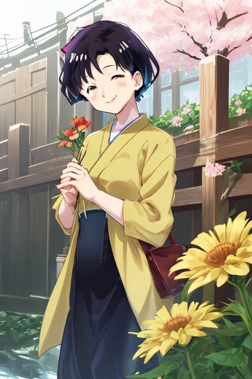 mshigurashi,  smiling,  holding a flower on Tensor.Art
