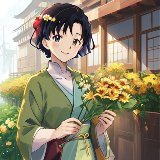 mshigurashi,  smiling,  holding a flower on Tensor.Art