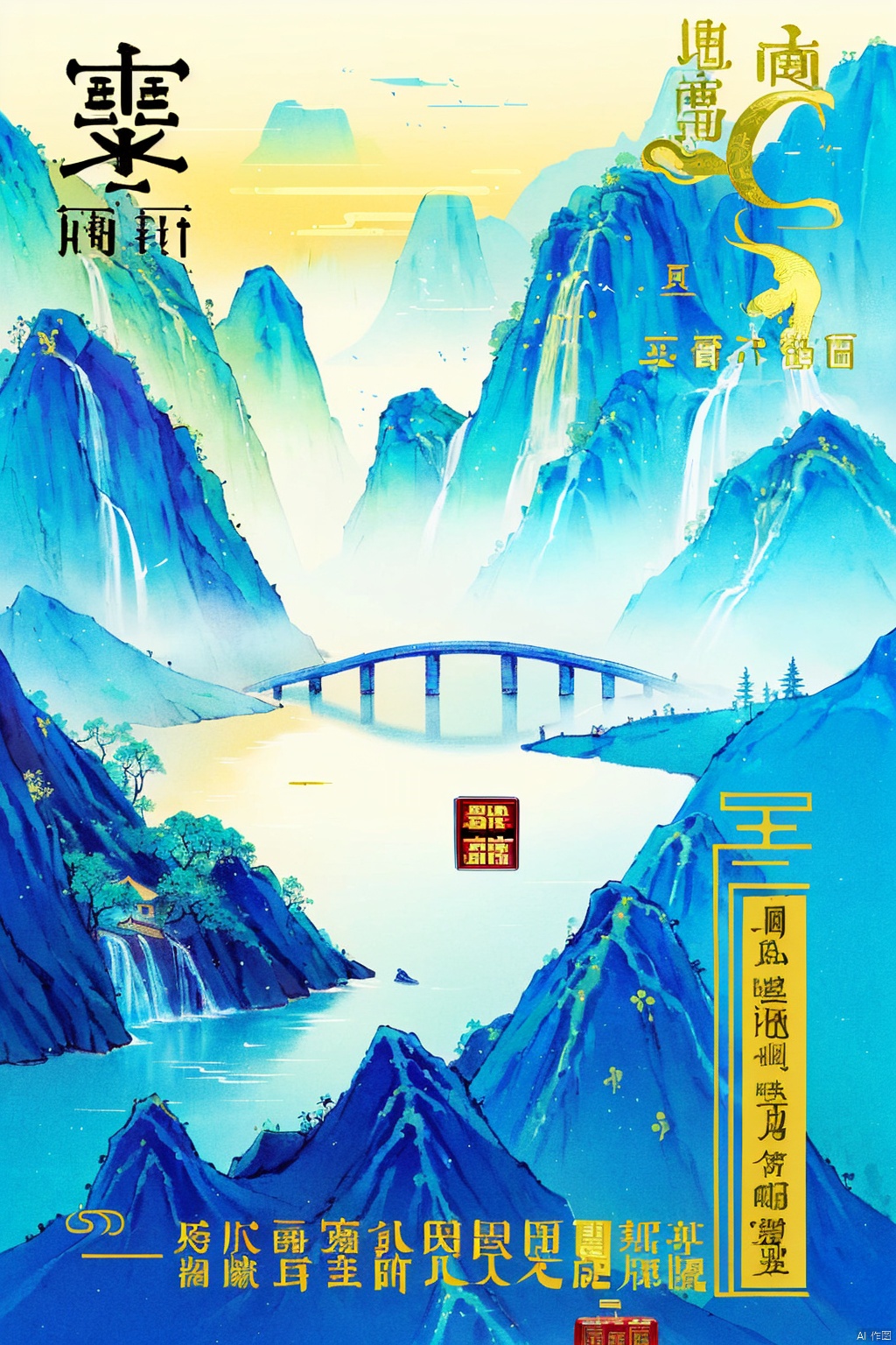 (Chinese gilt:1.5) Poster design (design and layout) (novel cover),official art,this national trend style cover of Jin Yong's novel "The Legend of the Condor Heroes" . The title of the book adopts exquisite Chinese fonts,each character looks like an ink calligraphy and painting,and the dark ink color stands out in the center. The surroundings are dotted with red dragon and phoenix patterns and national fashion elements,such as Hanfu buttons and silk knots,adding to the sense of design. Under the title of the book,a profound ink landscape painting scenery is presented,with traditional mountains and rivers appearing poetic and picturesque in ink. The overall design combines modernity and traditional culture,highlighting the book title,design art,and fascinating pictures to stimulate readers' strong interest in the novel.zt-hd,