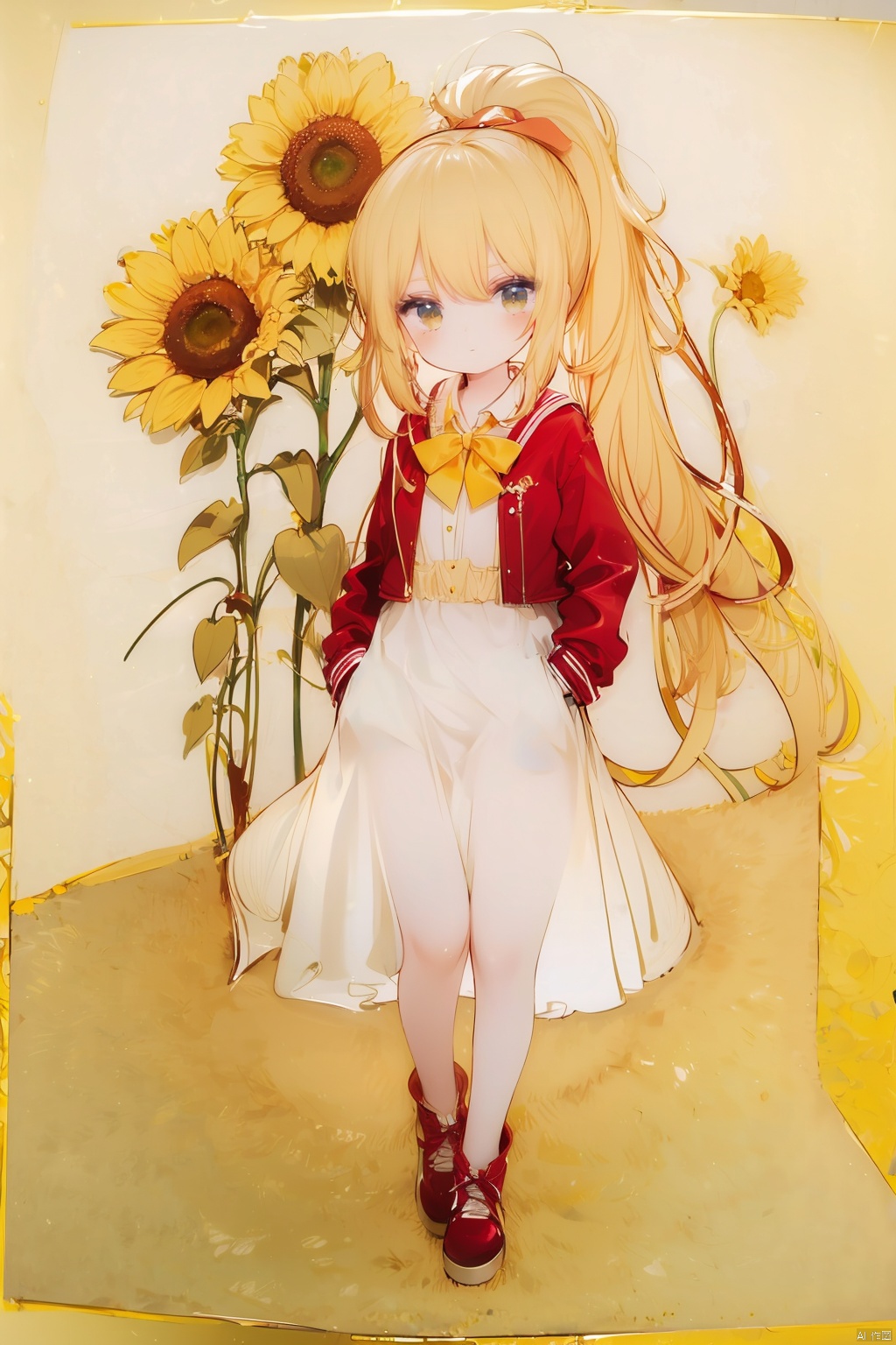  (8k, RAW photo, best quality, masterpiece:1.2),loli,petite,long hair, red Jacket,high ponytail,collared shirt,hair flower,fipped hair,floating hair,Frown,hands in pockets,dress,bowtie,(solo),sky, skyline, skyscraper, smile, solo, sunflower, tower-line art,flower-line art,,jpe-hd,ll-hd, ty-hd, pf-hd,yellow theme,simple_background