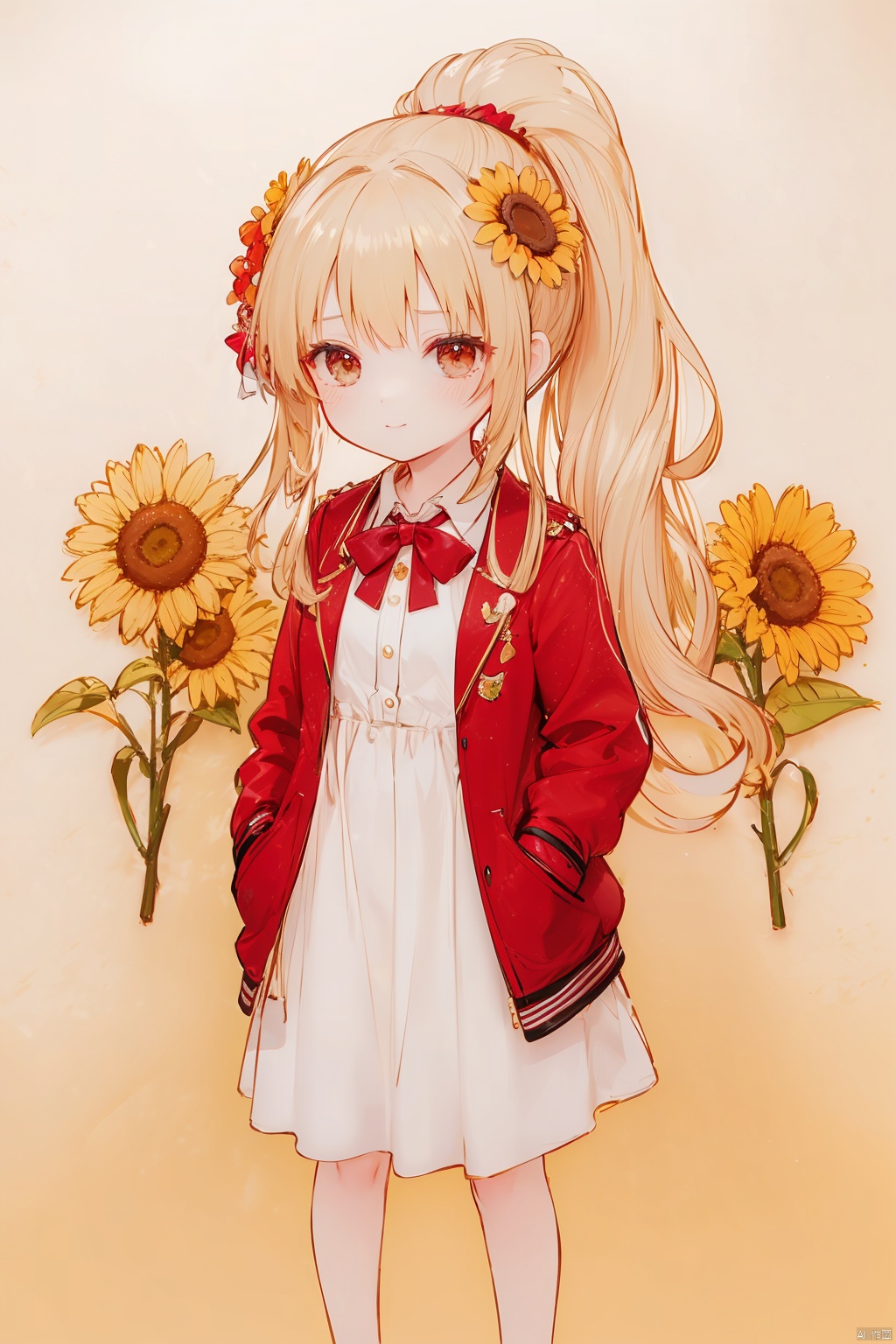  (8k, RAW photo, best quality, masterpiece:1.2),loli,petite,long hair, red Jacket,high ponytail,collared shirt,hair flower,fipped hair,floating hair,Frown,hands in pockets,dress,bowtie,(solo),sky, skyline, skyscraper, smile, solo, sunflower, tower-line art,flower-line art,,jpe-hd,ll-hd, ty-hd, pf-hd,yellow theme,simple_background