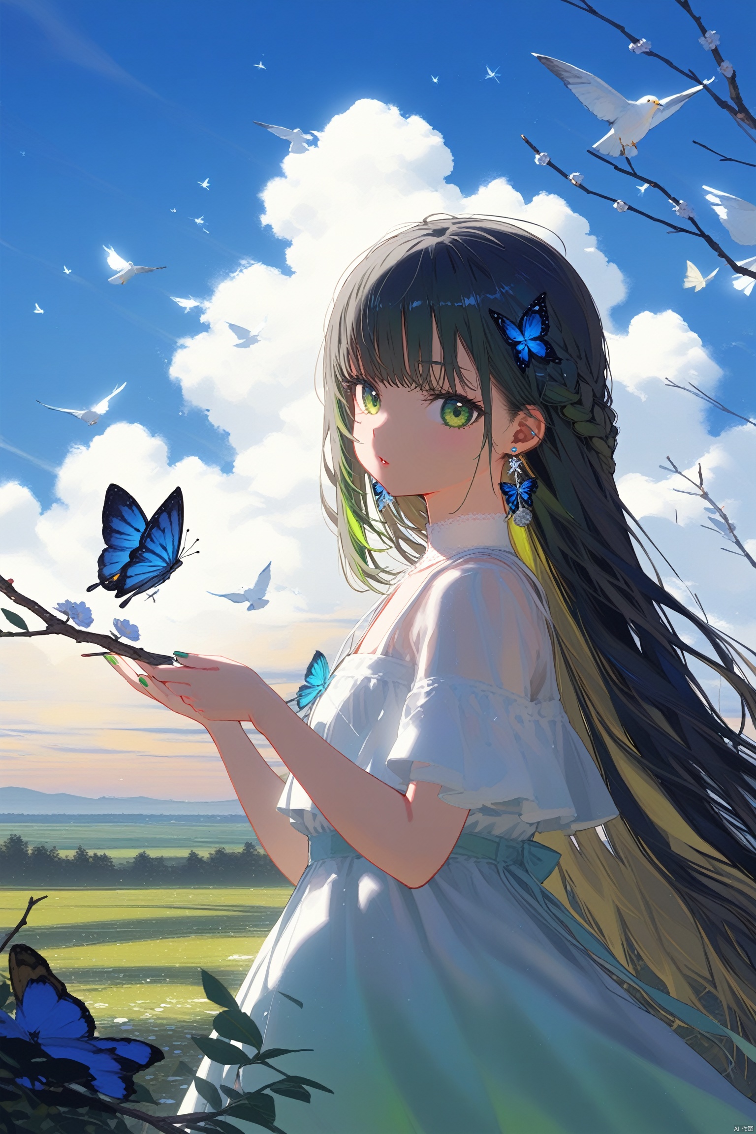 1girl, bird, long_hair, solo, butterfly, bug, sky, earrings, looking_at_viewer, nail_polish, braid, blue_butterfly, jewelry, cloud, outdoors, dress, branch, green_eyes, upper_body