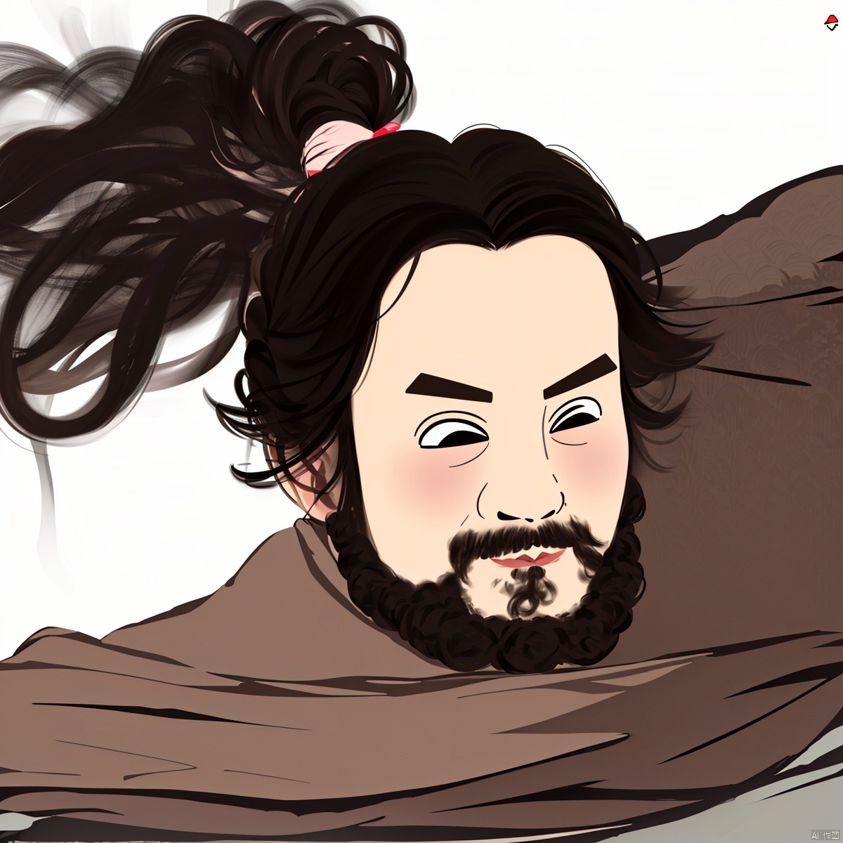 插画,水墨画,A girl's avatar, Zhang Fei's image, full of beard, dark circles, panda eyes, staying up late, lack of energy, listless,A woman with a long beard
Female version of Zhang Fei,solo,long hair
simple background,black hair,white background,upper body,male focus,japanese clothes,black eyes,facial hair,beard,mustache,A female man