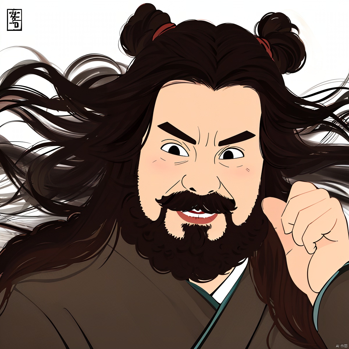 A female man, Ink painting, Hand-drawn illustration, 1 girl, Head image, A girl's avatar, Zhang Fei's image, Female version of Zhang Fei, full of beard, Beard, A woman with a long beard, Pure background, upper body, solo, long hair, simple background, black hair, white background, black eyes, facial hair, beard, mustache