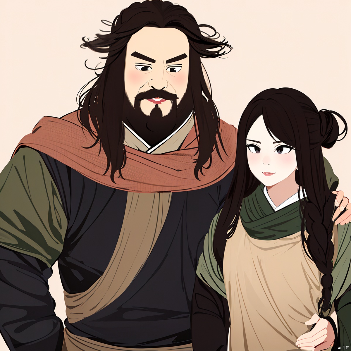 A female man, Head image, A girl's avatar, Zhang Fei's image, Female version of Zhang Fei, full of beard, Beard, A woman with a long beard