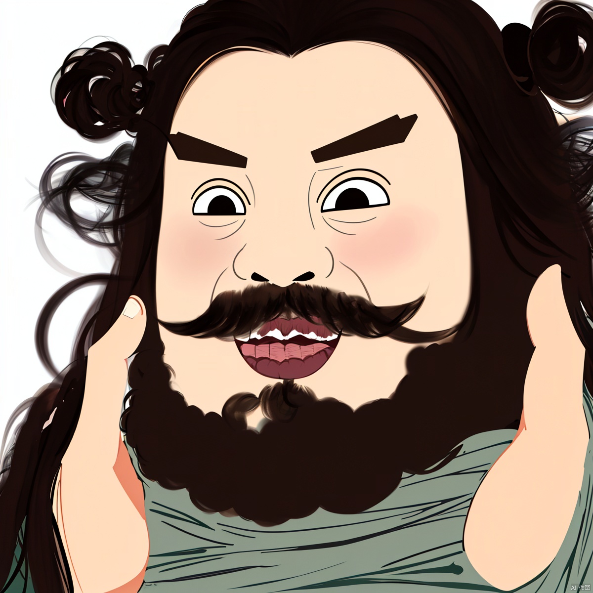 A female man, Ink painting, Hand-drawn illustration, 1 girl, Head image, A girl's avatar, Zhang Fei's image, Female version of Zhang Fei, full of beard, Beard, A woman with a long beard, Pure background, upper body, solo, long hair, simple background, black hair, white background, black eyes, facial hair, beard, mustache