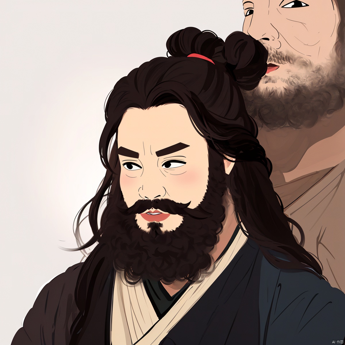 A female man, Ink painting, Hand-drawn illustration, 1 girl, Head image, A girl's avatar, Zhang Fei's image, Female version of Zhang Fei, full of beard, Beard, A woman with a long beard, Pure background, upper body, solo, long hair, simple background, black hair, white background, black eyes, facial hair, beard, mustache