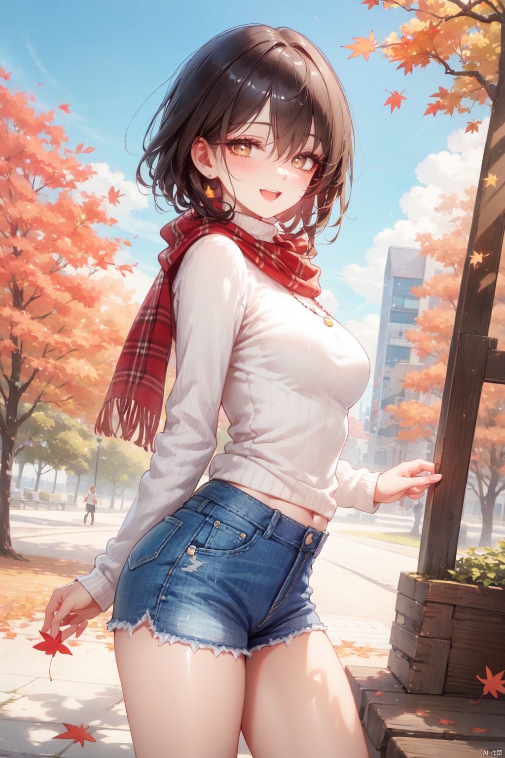 1girl, solo, autumn leaves, brown hair, outdoors, shorts, short hair, scarf, day, sweater, holding, short shorts, open mouth, sky, smile, leaf, looking at viewer, cloud, brown eyes, holding leaf, autumn, denim, plaid scarf, denim shorts, long sleeves, blurry, cowboy shot, plaid, :d, maple leaf, blue sky, medium breasts, depth of field, blush, bangs, breasts, hair between eyes, standing, tree, cable knit, fringe trim, thighs, aran sweater, from side, blurry background