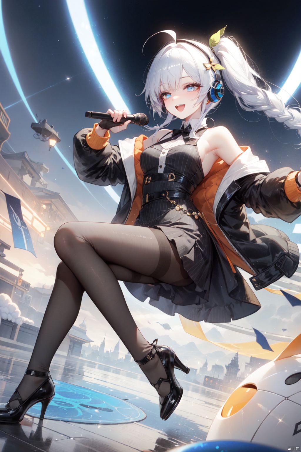 1girl, solo, long hair, kizuna akari, very long hair, black jacket, braid, orange pantyhose, dress, jacket, blue eyes, black footwear, striped, twin braids, pantyhose, open jacket, hair ornament, long sleeves, gloves, puffy long sleeves, headset, grey hair, vertical stripes, open clothes, puffy sleeves, black dress, sleeveless, orange gloves, ahoge, :d, fingerless gloves, bangs, open mouth, vertical-striped pantyhose, striped pantyhose, smile, breasts, striped gloves, high heels, medium breasts, planet, off shoulder, bare shoulders, twintails, shoes, sleeveless dress, microphone, outstretched arm, space, white shirt
