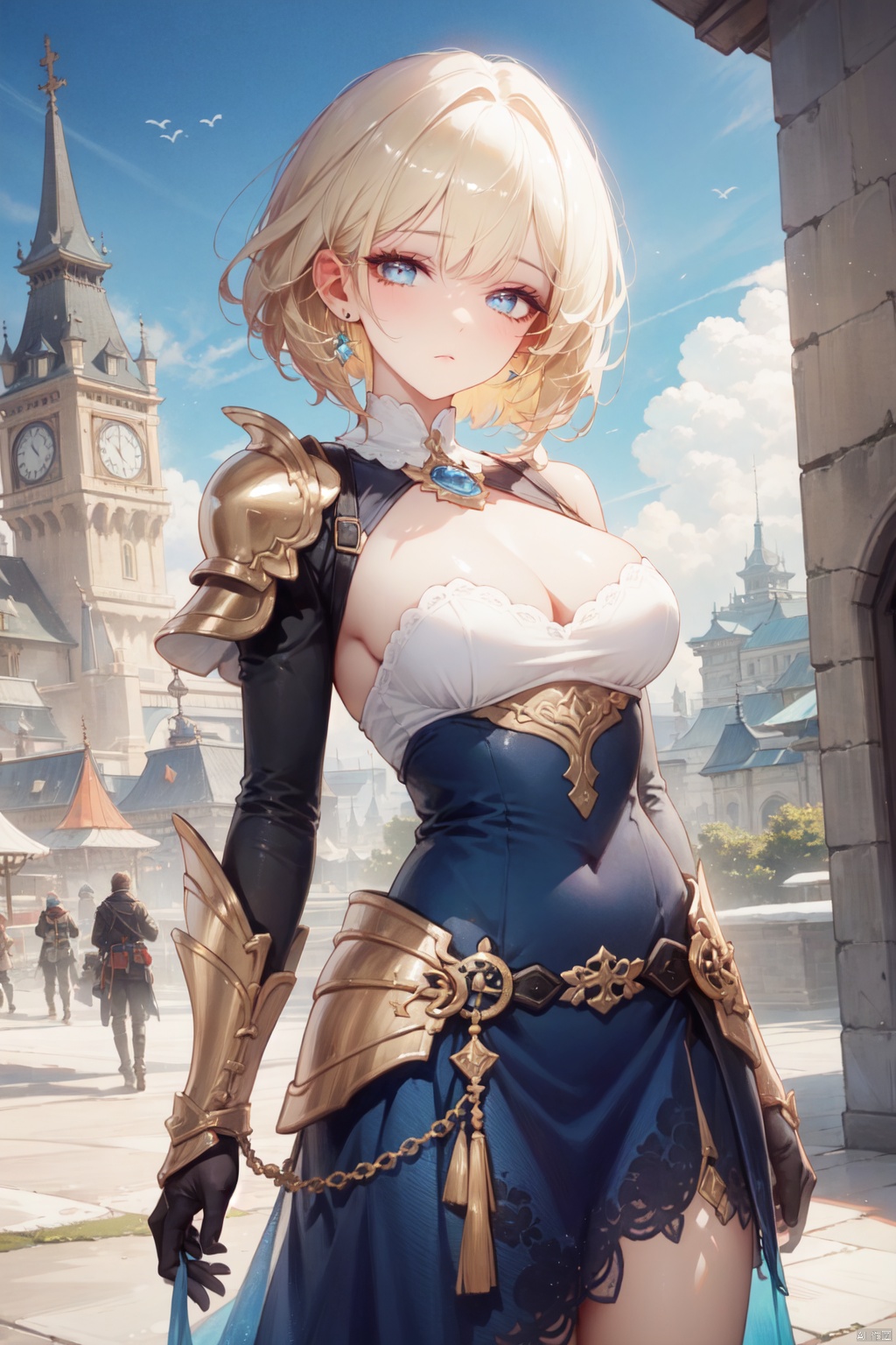 1girl, armor, bangs, blonde_hair, blue_eyes, blue_sky, breasts, building, castle, city, cityscape, cleavage, closed_mouth, cloud, cloudy_sky, day, earrings, jewelry, looking_at_viewer, medium_breasts, outdoors, short_hair, sky, skyscraper, solo, standing, tower, town