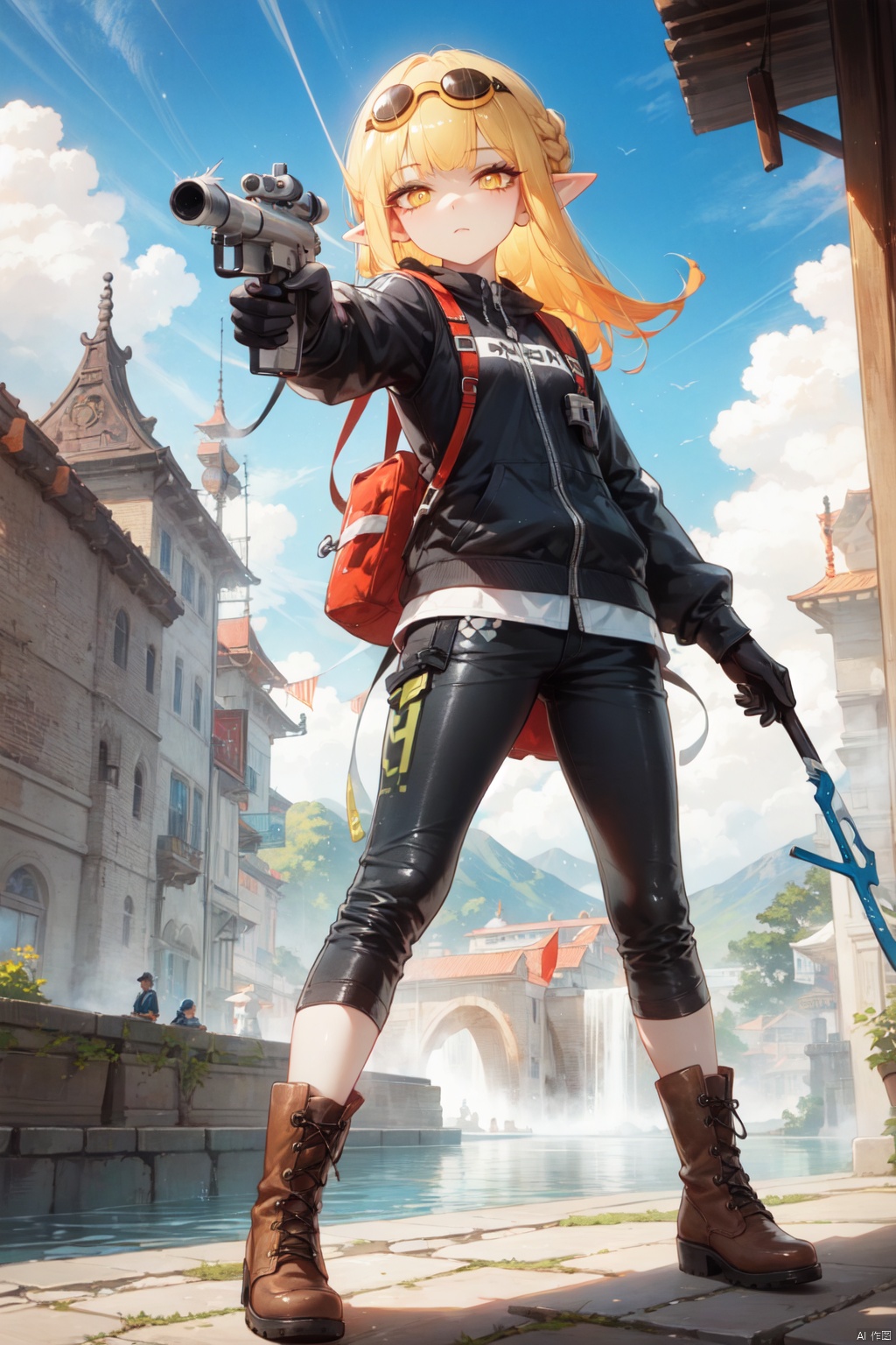  1boy, 1girl, inkling boy, inkling girl, octoling, solo, best quality, male focus, looking at viewer, aiming, holding weapon, holding bow \(weapon\), pointy ears, yellow eyes, tentacle hair, orange hair, blonde hair, gloves, helmet, boots, shirt, brown footwear, long sleeves, perspective, outdoors, goggles, suction cups, lifebuoy, blue sky