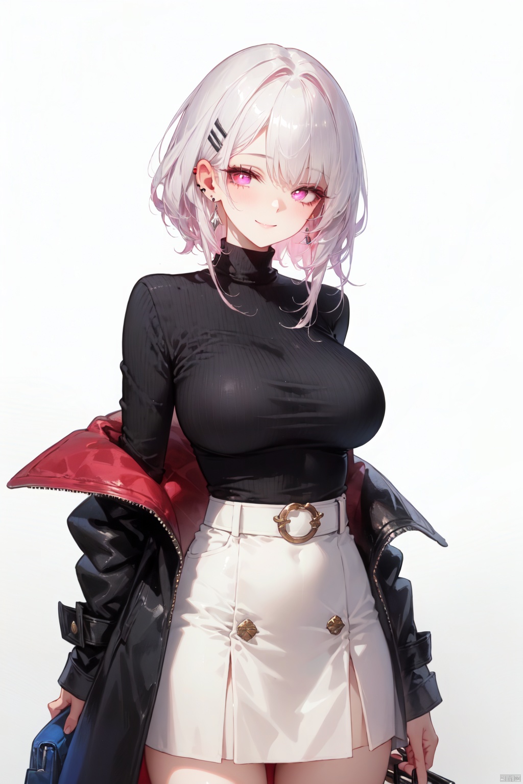  1girl, solo, best quality, vivid color, white background, simple background, cowboy shot, looking at viewer, smile, blush, closed mouth, ear piercing, pink eyes, red eyes, short hair, white hair, hairclip, bangs, large breasts, pink skirt, open clothes, coat, shirt tucked in, high-waist skirt, white jacket, black sweater, turtleneck sweater, belt, long sleeves, earrings
