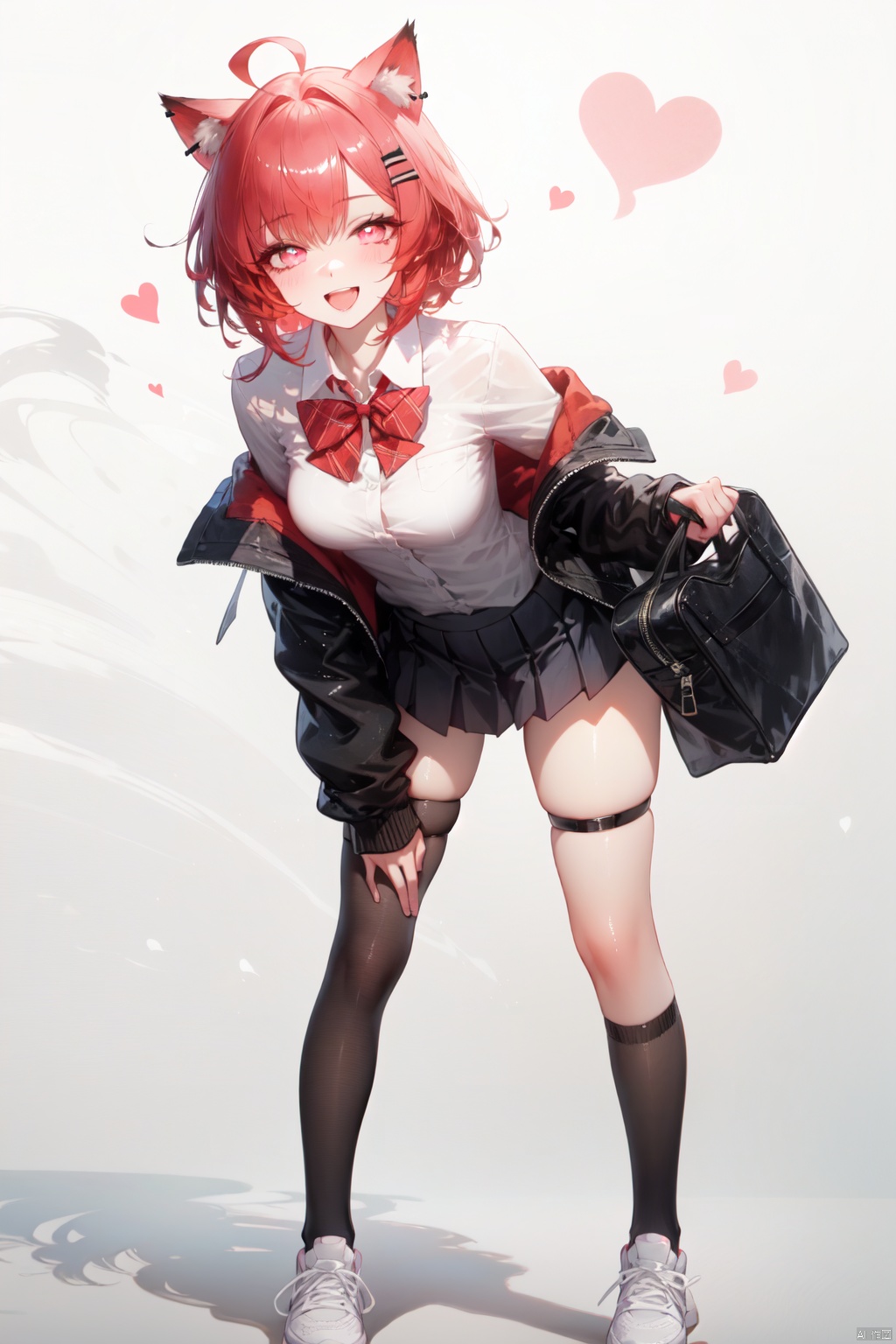  1girl, solo, best quality, white background, simple background, full body, looking at viewer, standing, leaning forward, smile, blush, open mouth, animal ears, pink eyes, red hair, medium hair, hairclip, bangs, ahoge, breasts, thigh strap, pleated skirt, black socks, grey skirt, black jacket, white shirt, collared shirt, school uniform, kneehighs, black legwear, black skirt, long sleeves, red bowtie, off shoulder, knife, school bag, sneakers, heart, miniskirt