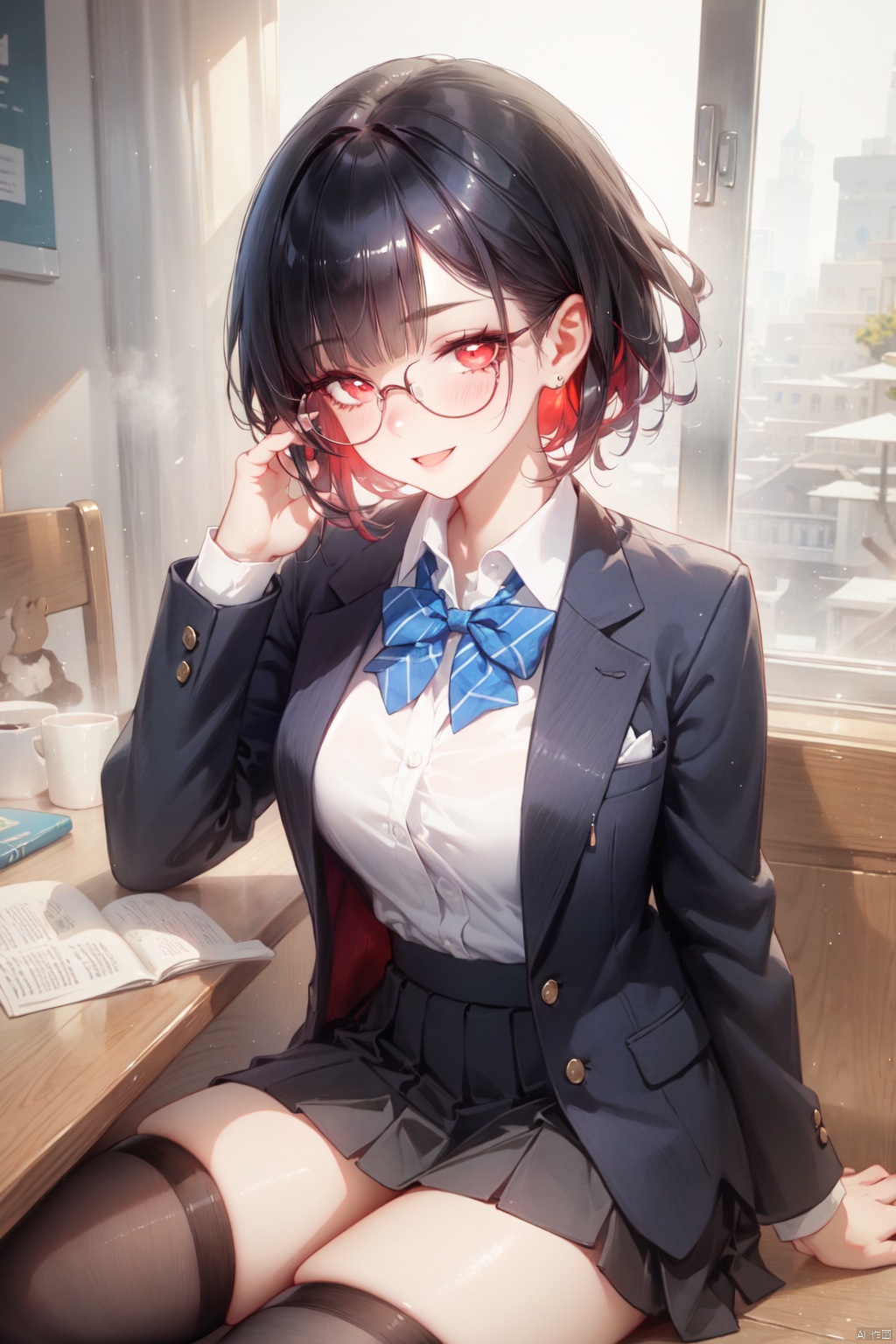 1girl, bangs, black_hair, black_jacket, black_legwear, black_skirt, blazer, blue_bow, blue_bowtie, blush, bow, bowtie, breasts, collarbone, collared_shirt, dress_shirt, eyebrows_visible_through_hair, glasses, hand_up, index_finger_raised, jacket, kneehighs, long_sleeves, looking_at_viewer, miniskirt, open_mouth, pleated_skirt, red-framed_eyewear, red_eyes, school_uniform, shirt, short_hair, sitting, skirt, smile, solo, white_shirt