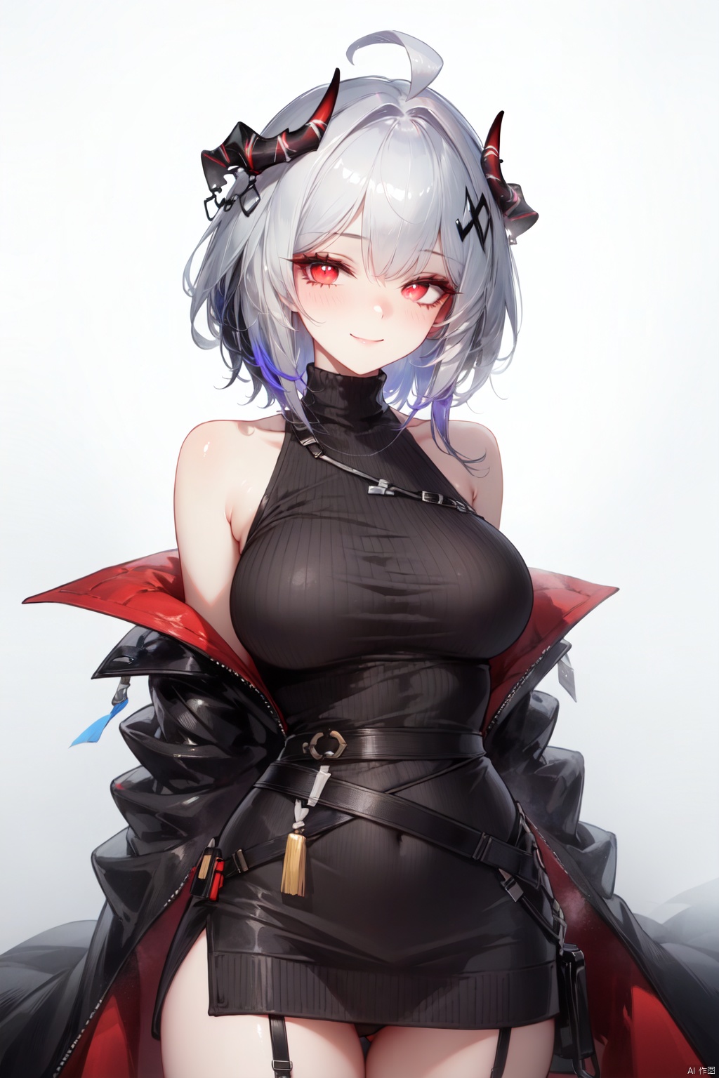 1girl,breasts,solo,w \(arknights\),large breasts,smile,red sweater,virgin killer sweater,pasties,simple background,horns,looking at viewer,white background,grey hair,sweater,red eyes,meme attire,cowboy shot,short hair,blush,closed mouth,bangs,antenna hair,demon horns,bare shoulders,ahoge,groin,multicolored hair,dress,arms behind back,alternate costume,