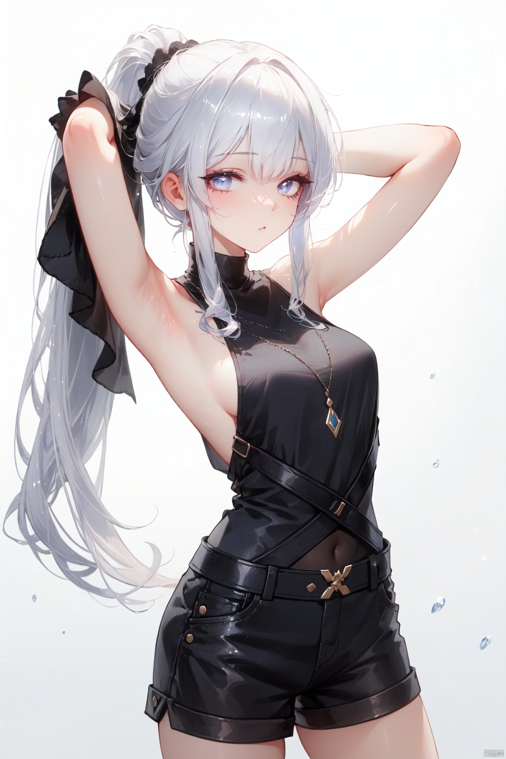1girl, arms_up, bangs, bare_arms, bare_shoulders, breasts, grey_hair, long_hair, looking_at_viewer, ponytail, shorts, simple_background, solo, tying_hair, white_background