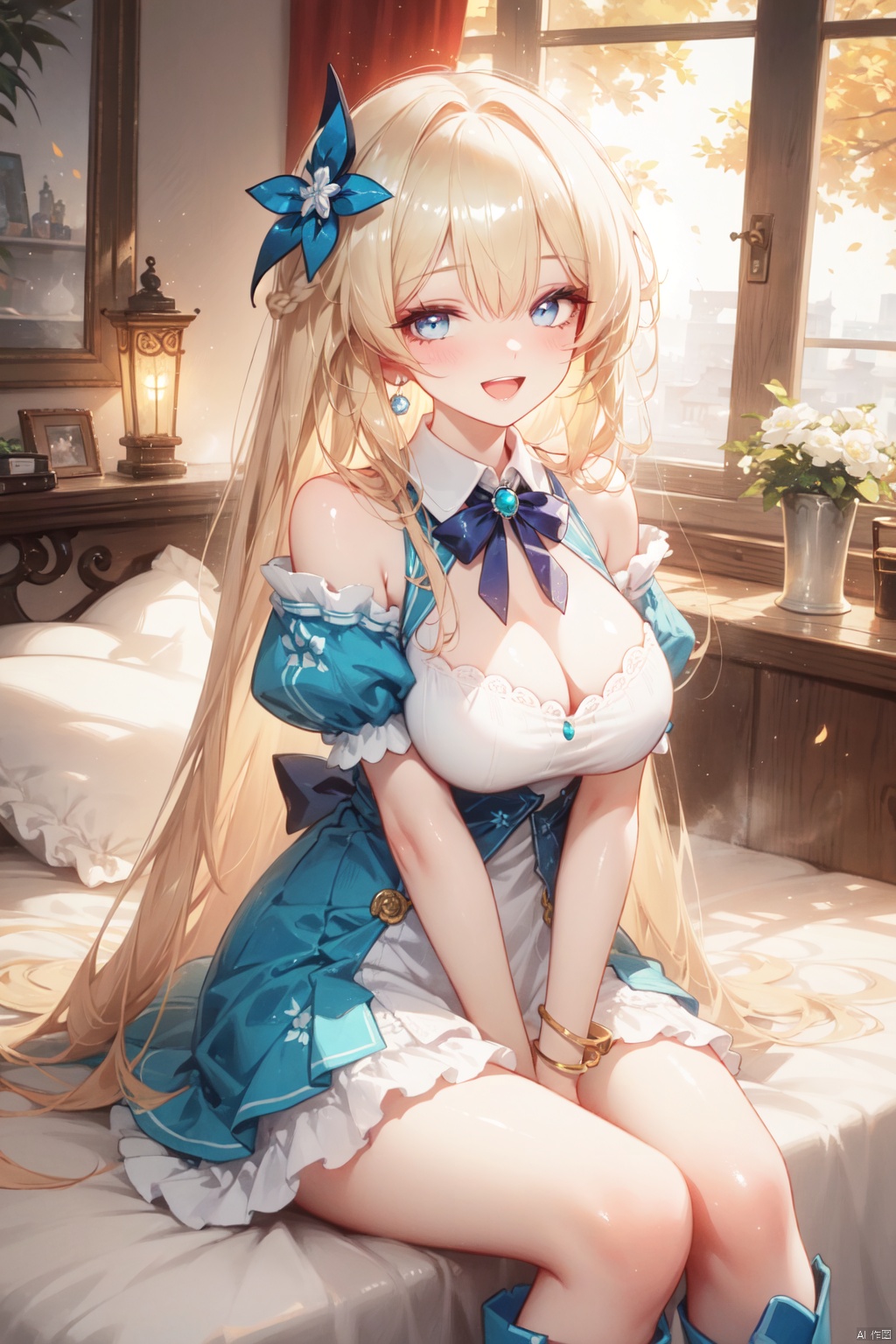 1girl, long hair, breasts, blonde hair, blue eyes, solo, hair ornament, flower, smile, open mouth, vert (neptune series), cleavage, hair flower, dress, sitting, bare shoulders, boots, looking at viewer, large breasts, window, short sleeves, ribbon, :d, very long hair, puffy sleeves, knee boots, puffy short sleeves, heart, jewelry, indoors, blush, bangs