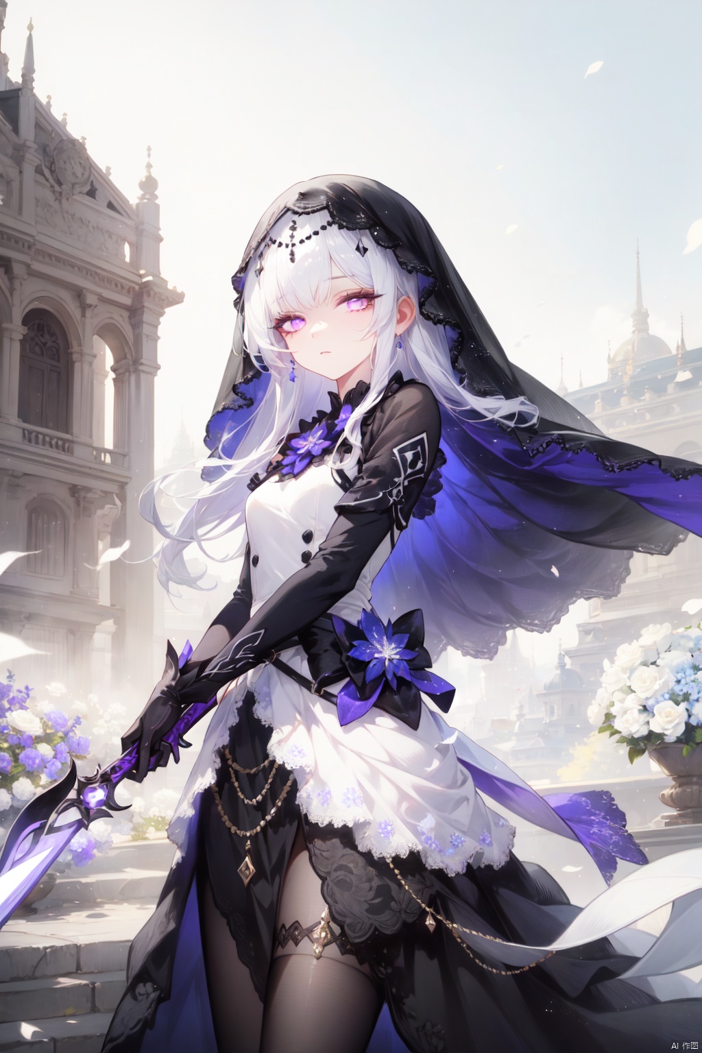  1girl, solo, best quality, aesthetic, detailed, grey background, blurry background, looking at viewer, holding, closed mouth, purple eyes, white hair, very long hair, bangs, black dress, black gloves, veil, weapon, white flower, blurry foreground, depth of field
