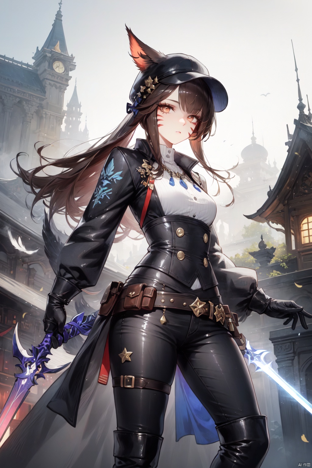 1girl, weapon, solo, holding, hat, hat feather, long hair, brown hair, sword, gloves, gun, holding weapon, boots, brown eyes, dual wielding, looking at viewer, black gloves, miqo'te, facial mark, avatar (ff14), pants, rapier, black background, holding sword, whisker markings, feathers, belt, thigh boots, red headwear