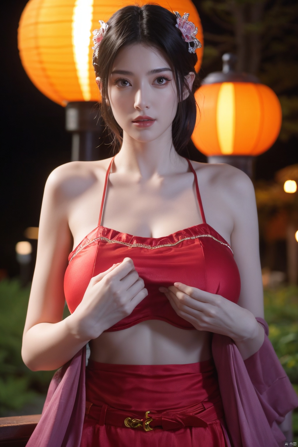  1girl, navel, solo, midriff, bare shoulders, lantern, hair ornament, flower, hair flower, paper lantern, black hair, red lips, looking at viewer, chinese clothes, (pink dress), purple eyes,blurry, solo focus, long hair, lips, night, lipstick, outdoors, upper body, blurry,(huge breasts:1.43), background, solo, makeup, hair bun, Hashimoto_Kanna