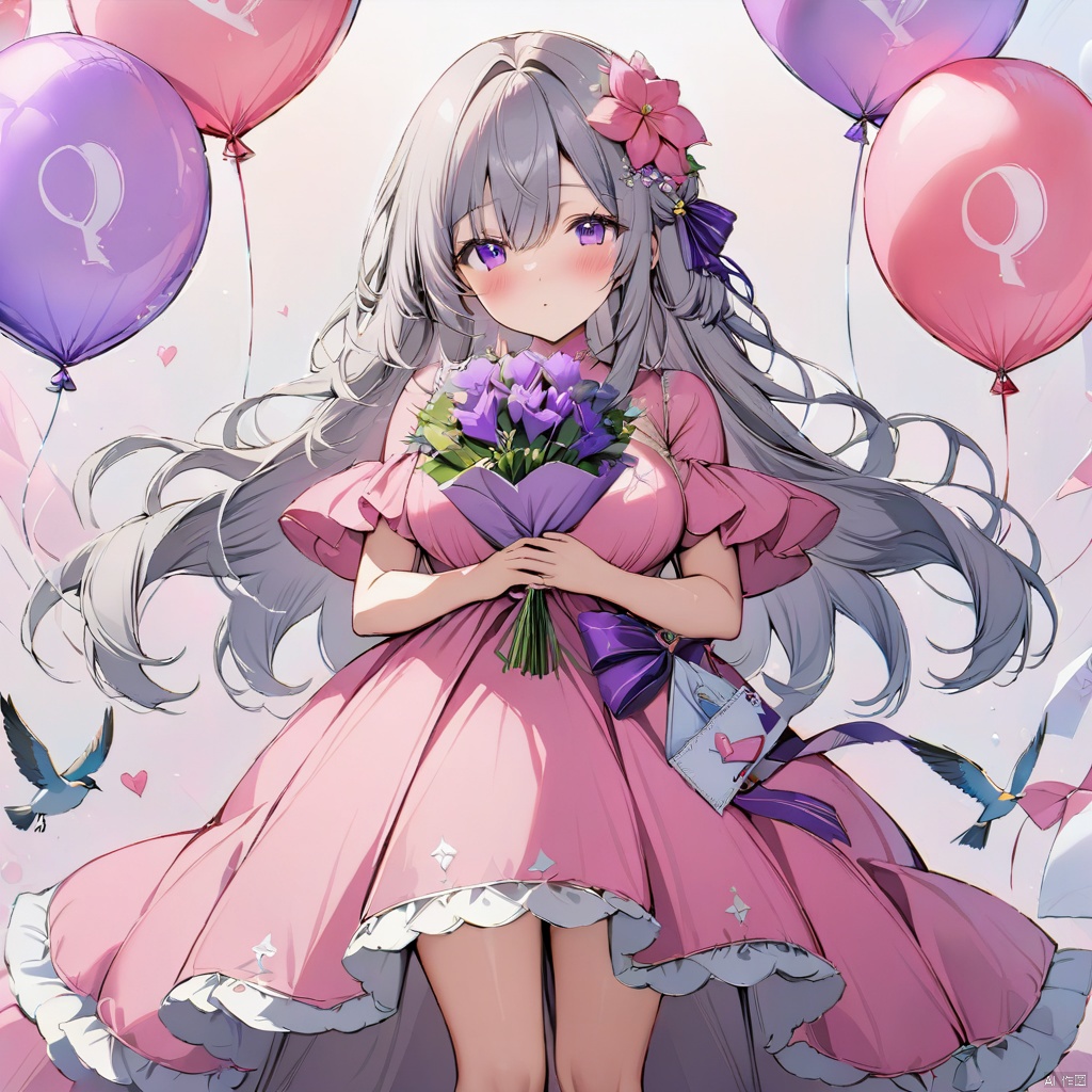 best quality, amazing quality, very aesthetic,long hair, 1girl, solo, dress, bouquet, flower, long_hair, hair_ornament, pink_dress, hair_flower, purple_eyes, letter, looking_at_viewer, envelope, bird, balloon, breasts, holding, large_breasts, holding_bouquet, blush, bangs, heart_balloon, hair_between_eyes, standing, grey_hair, floating_hair