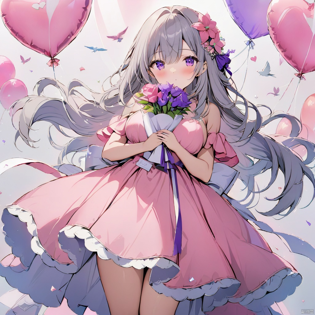 best quality, amazing quality, very aesthetic,long hair, 1girl, solo, dress, bouquet, flower, long_hair, hair_ornament, pink_dress, hair_flower, purple_eyes, letter, looking_at_viewer, envelope, bird, balloon, breasts, holding, large_breasts, holding_bouquet, blush, bangs, heart_balloon, hair_between_eyes, standing, grey_hair, floating_hair