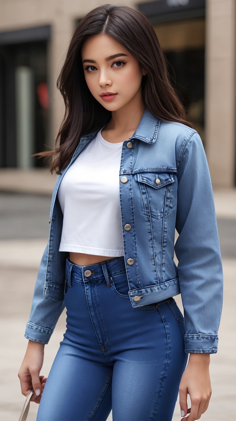 beautiful detailed eyes,  tight jeans,  cropped denim jacket on Tensor.Art