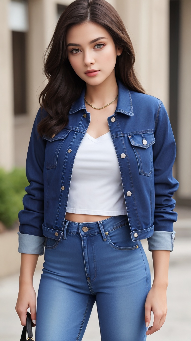 beautiful detailed eyes,  tight jeans,  cropped denim jacket on Tensor.Art