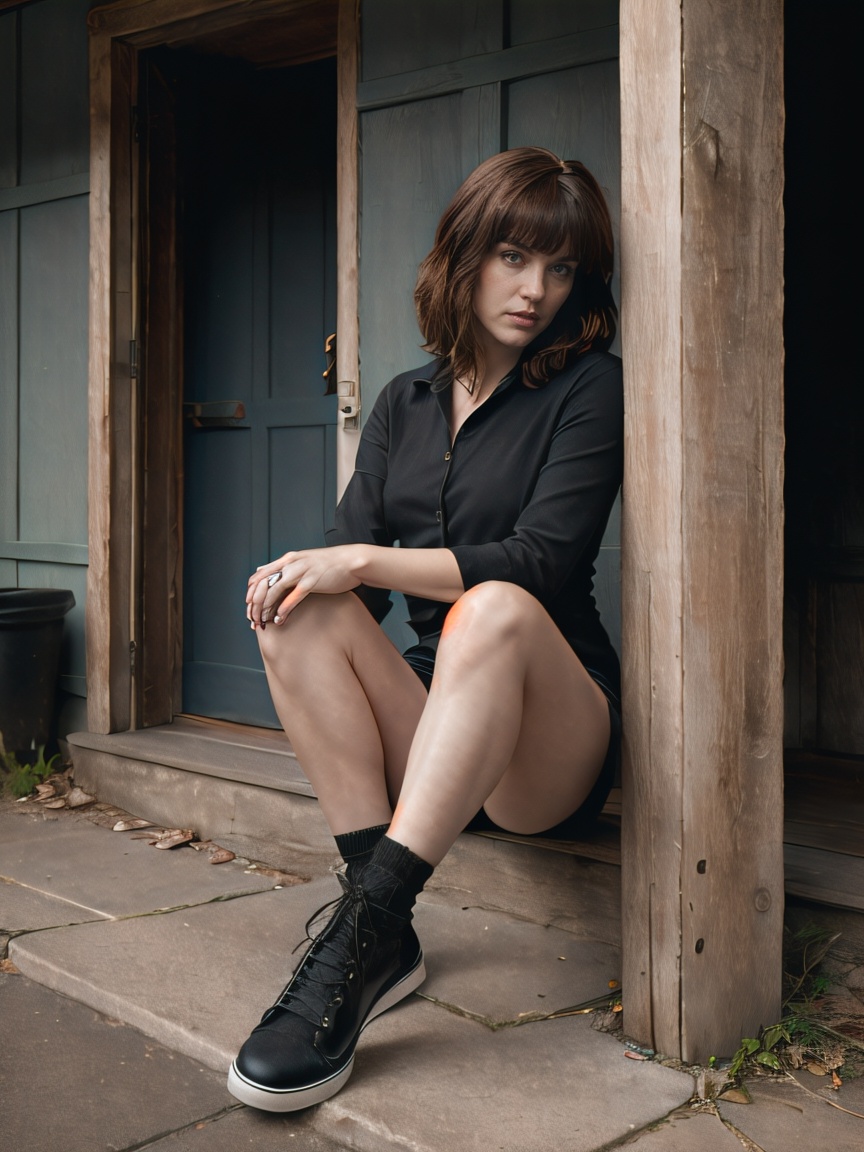 A woman wearing black and shoes,  in the style of liam sharp,  dark gray and light amber on Tensor.Art