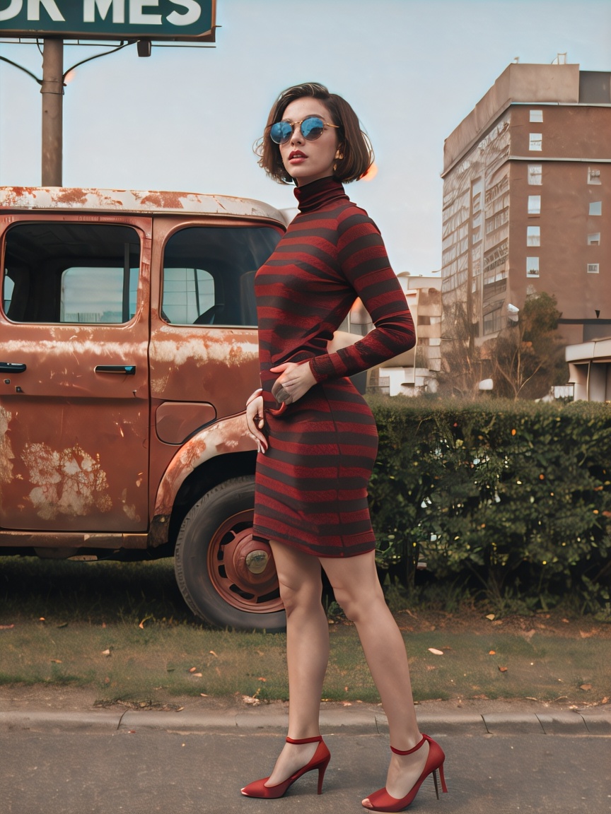 front profile full body Photography,  in font of a rusty billboard,  a hip hop 80's British model woman with 50's haircut...