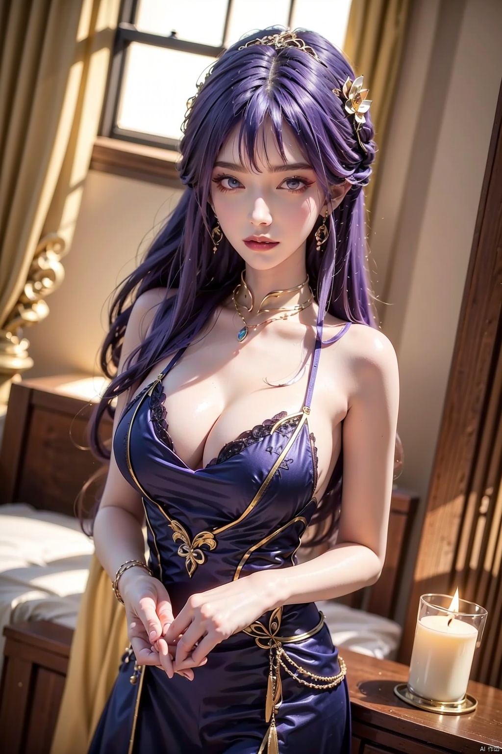 1girl, solo, long hair, breasts, looking at viewer, large breasts, hair ornament, dress, cleavage, jewelry, purple eyes, purple hair, indoors, window, curtains, purple dress, candle