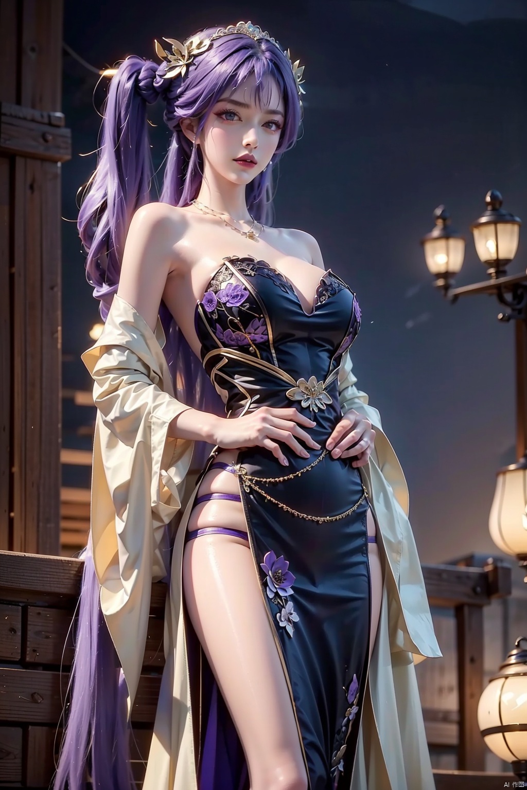 1girl, solo, long hair, breasts, looking at viewer, bangs, large breasts, hair ornament, dress, cleavage, bare shoulders, twintails, jewelry, very long hair, purple eyes, purple hair, flower, necklace, lips, hand on hip, strapless, strapless dress, purple dress, side slit, raiden shogun