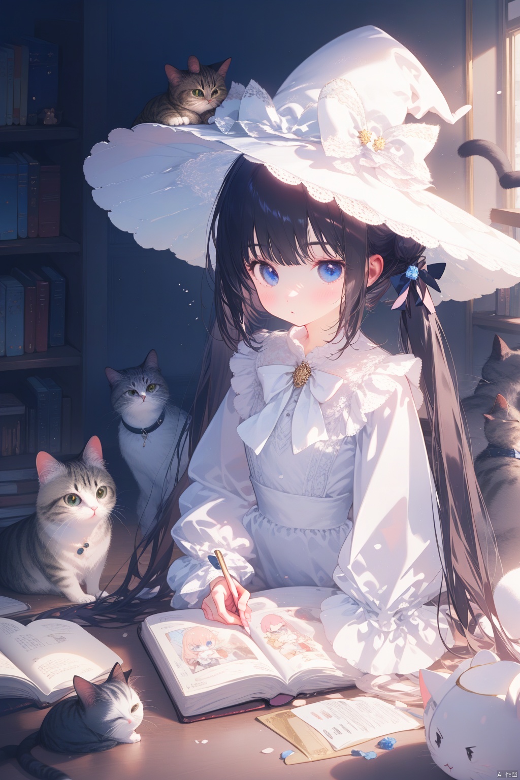  (best quality),(masterpiece),cat, 1girl, witch_hat, solo, hat, book, blue_eyes, long_sleeves, long_hair, holding, white_cat, hair_bun, frills, bow, bookshelf, dress, puffy_sleeves, blush, black_headwear, looking_at_viewer, hat_bow, puffy_long_sleeves, hair_ornament, twintails, indoors