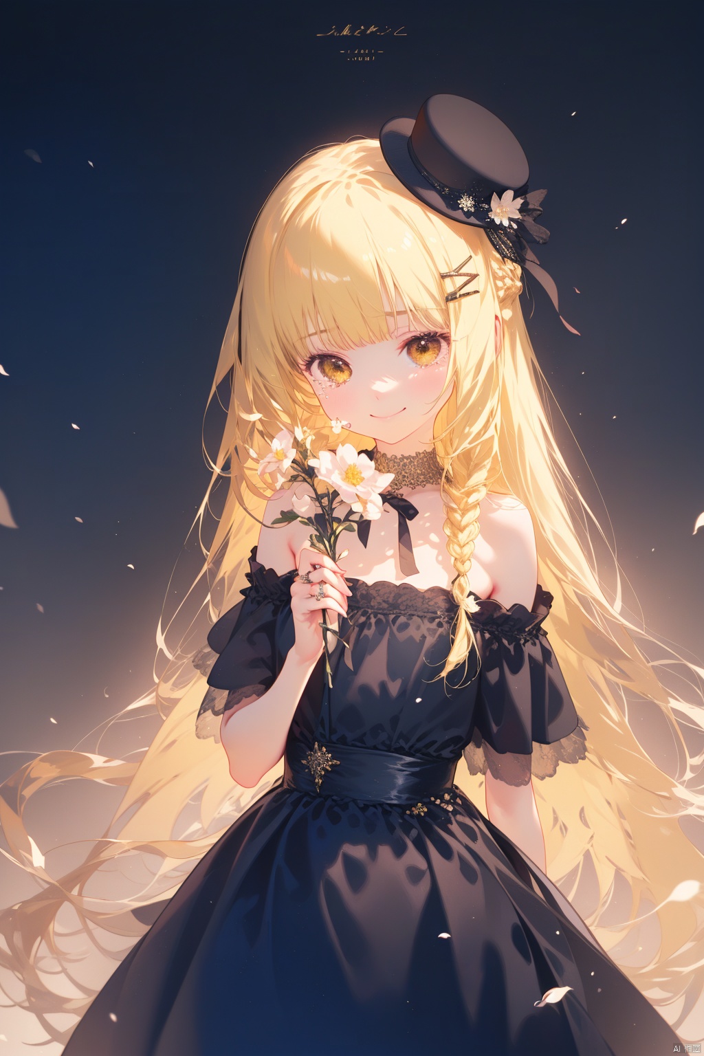  (best quality),(masterpiece),1girl, dress, solo, long hair, holding, black dress, blonde hair, flower, hat, holding flower, hair ornament, bangs, looking at viewer, black headwear, yellow eyes, jewelry, closed mouth, ring, off-shoulder dress, mini hat, bare shoulders, off shoulder, petals, chromatic aberration, very long hair, hairclip, braid, smile, tears