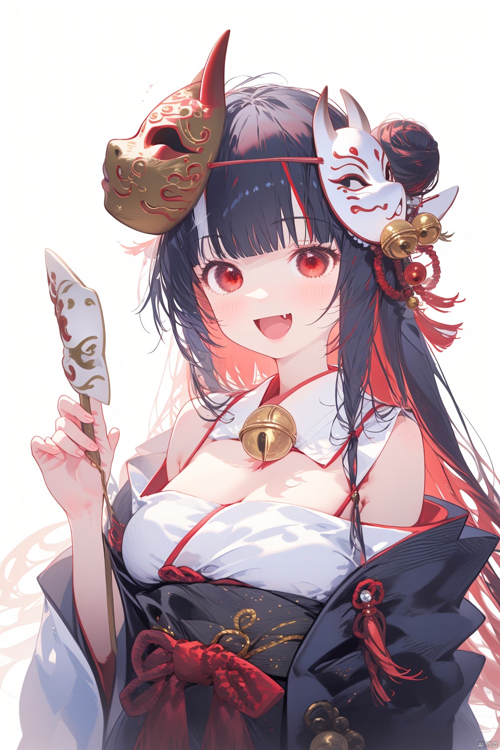 (best quality),(masterpiece),1girl, solo, bell, hair bell, virtual youtuber, nakiri ayame, long hair, horns, red eyes, hair ornament, double bun, hair bun, smile, mask, white hair, oni horns, oni mask, upper body, multicolored hair, blush, white background, open mouth, jingle bell, japanese clothes, mask on head, red hair, bare shoulders, kimono, simple background, streaked hair, holding, off shoulder, bangs, :d, tassel, oni, breasts, fang