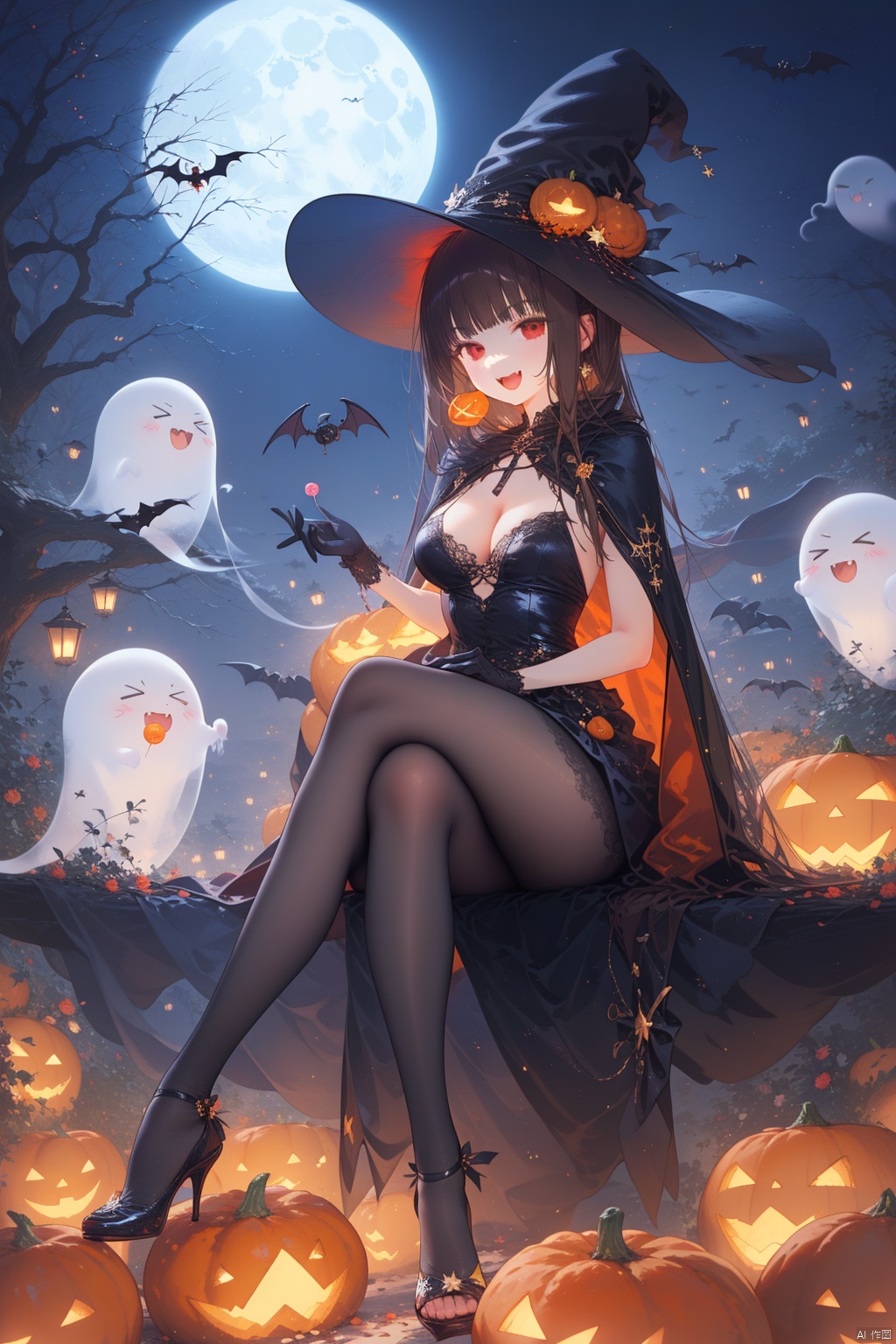 1girl, hat, red eyes, jack-o'-lantern, pantyhose, witch hat, brown hair, crossed legs, long hair, halloween, black footwear, high heels, cape, breasts, sitting, looking at viewer, smile, open mouth, moon, solo, food, ghost, :d, dress, candy, bat (animal), gloves, pumpkin, halloween bucket, orange dress, black cape, holding, black gloves, full moon, bangs, lollipop, head wings, black headwear, animal, medium breasts, cat, shoes, very long hair, fang, star (symbol), cleavage, multicolored cape, fangs