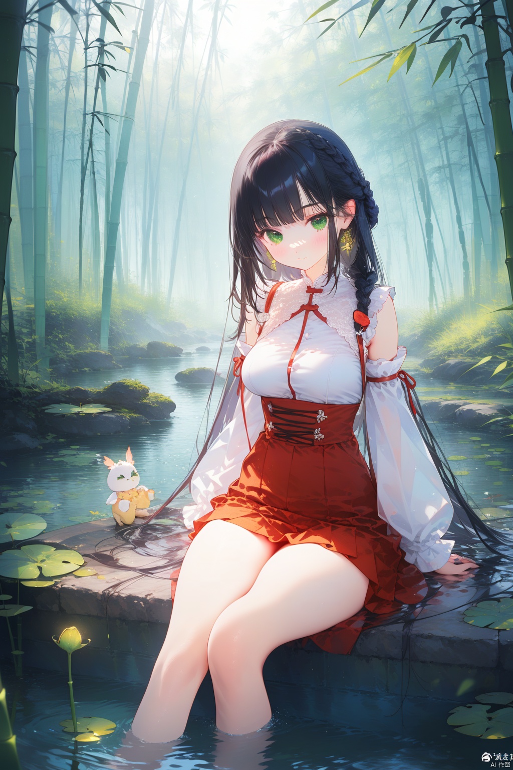  (masterpiece),(best quality),1girl, solo, green eyes, sitting, water, long hair, braid, outdoors, red skirt, feet out of frame, frills, skirt, detached sleeves, looking at viewer, nature, black hair, bangs, day, bamboo, nail polish, closed mouth, soaking feet, plant, bamboo forest, long sleeves, forest, wide sleeves, blush, breasts, leaf, lily pad, thighs, high-waist skirt, white sleeves