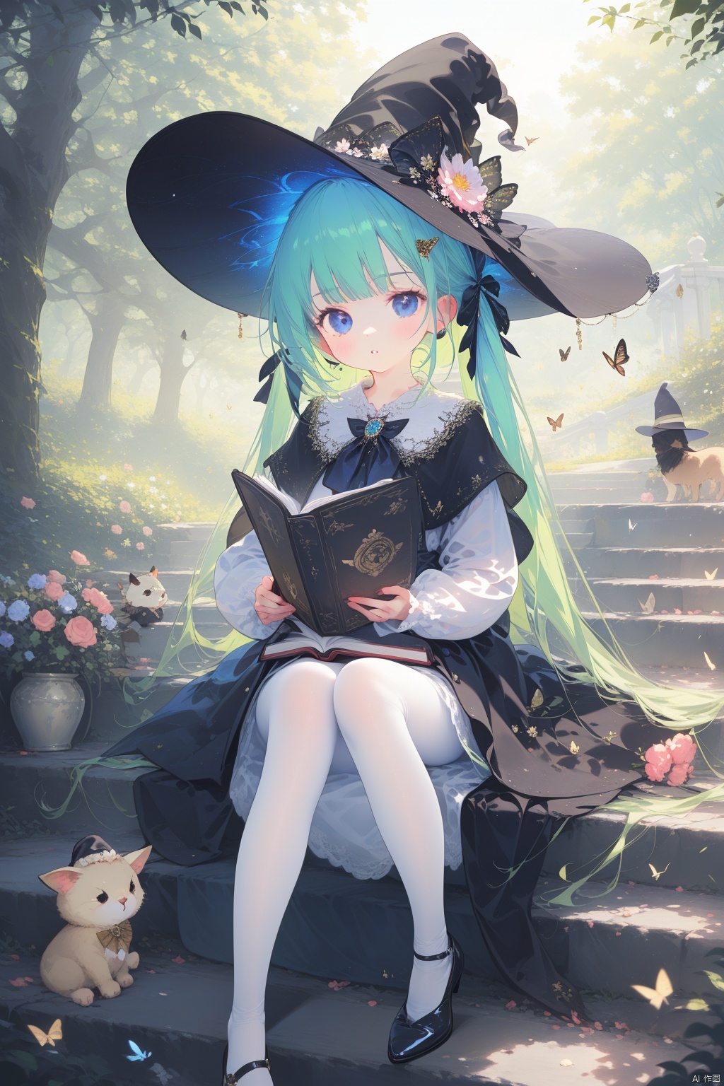 (masterpiece),(best quality),1girl, solo, hat, book, blue eyes, witch hat, bug, green hair, long hair, holding, dress, twintails, sitting, holding book, bangs, outdoors, looking at viewer, butterfly, long sleeves, brooch, flower, white pantyhose, blush, pantyhose, collared dress, black headwear, open book, black footwear, shoes, railing, black dress, parted lips, hat flower, witch, bow, day, tree, hair ornament