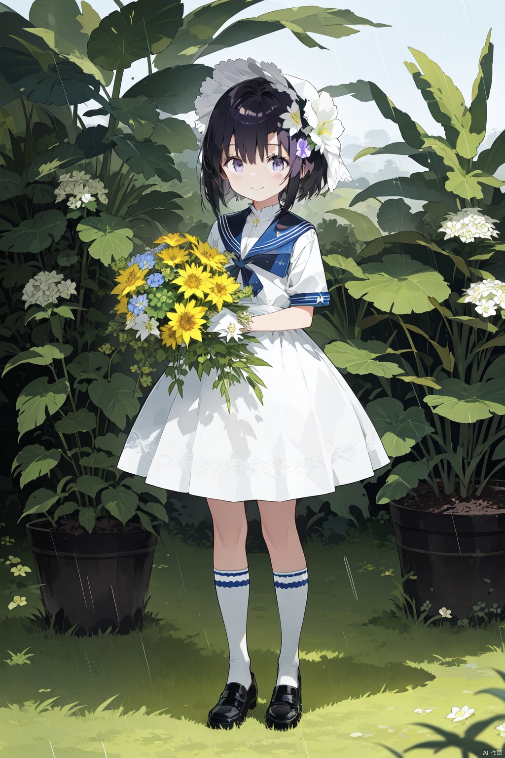 1girl,  black_hair,  blue_flower on Tensor.Art