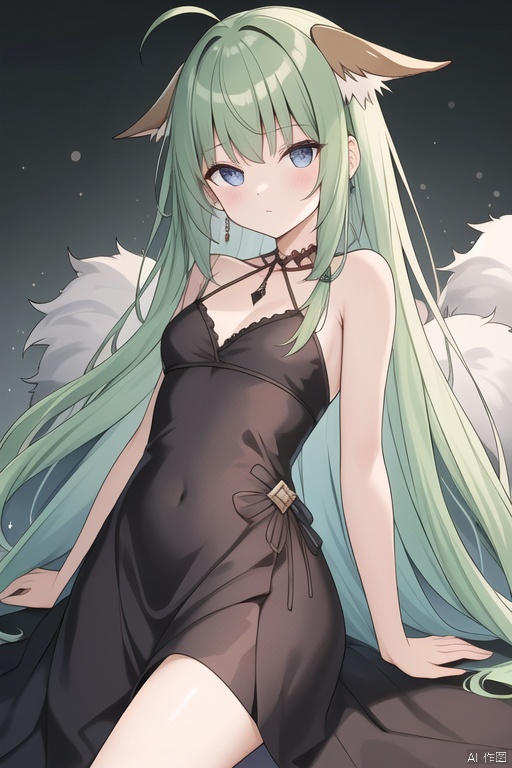 tsrr,bangs,(brown fox ears:0.5),very long hair,dress