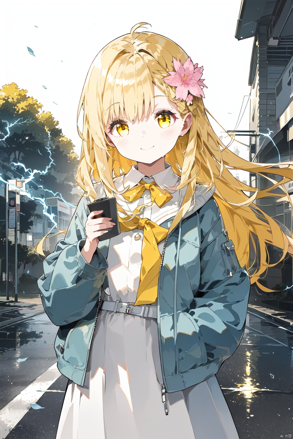 (masterpiece, best quality),1girl,solo,cuty face,Beautiful detailed eye,upper body,ray tracing,Reflected light,(very detailed light),(Beautiful Lighting),(best quality), ((masterpiece)), (highres),(loli),(petite:1.4),(white open jacket:1.4),rain,shiny clothes,white collared shirt,hair flower,fipped hair,floating hair,(blonde electricity:1.4),light smile,hands in pockets,white dress,yellow bowtie,(Yellow eyes:1.2),(Pink hair:1.2),(solo),hair flowing over, messy hair, aura,long hair, lamppost,white belt,