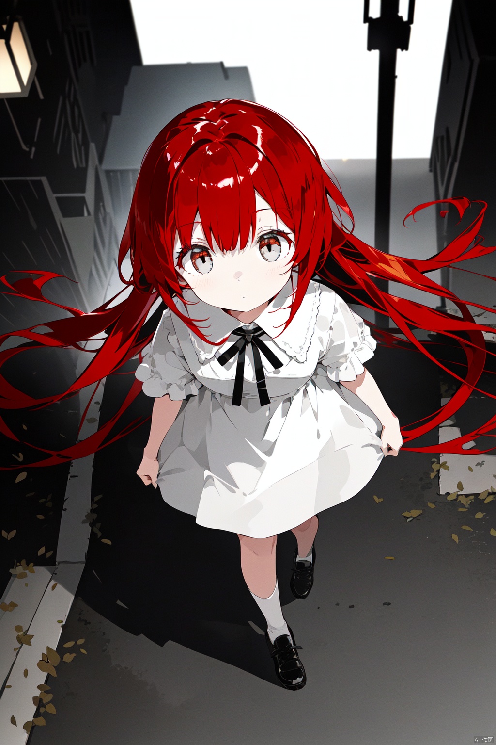 A petite,  young girl with long red hair and a white dress walks on the gray street under the glow of the street lamps. As...
