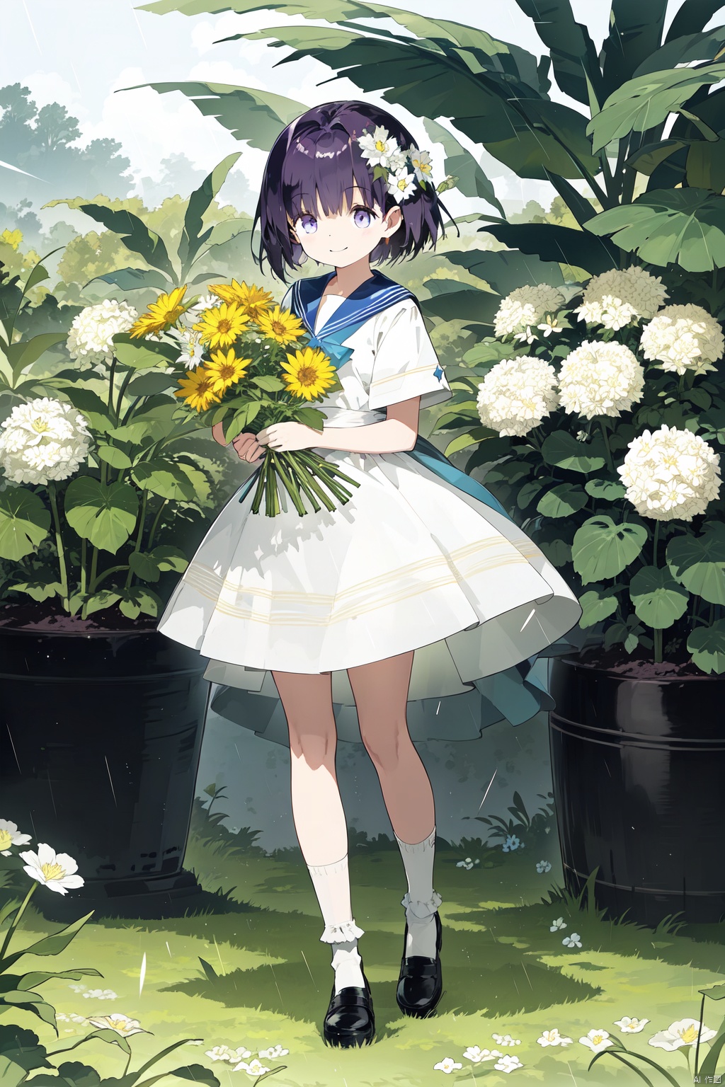 1girl,  black_hair,  blue_flower on Tensor.Art
