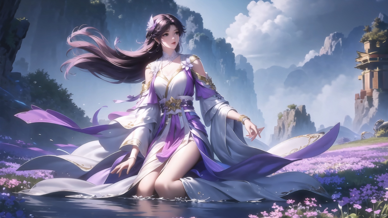 masterpiece,best quality,official art,unity 8k wallpaper,Brilliant colors,exaggerated art,
1girl,solo,bracelet,flower,long purple_hair,purple dress,otus, hair ornament, bare legs, sky, jewelry, lily pad, bug, flower, mountain, solo, sitting, water, blue sky, butterfly, brown hair, chinese clothes, purple hair, youcai