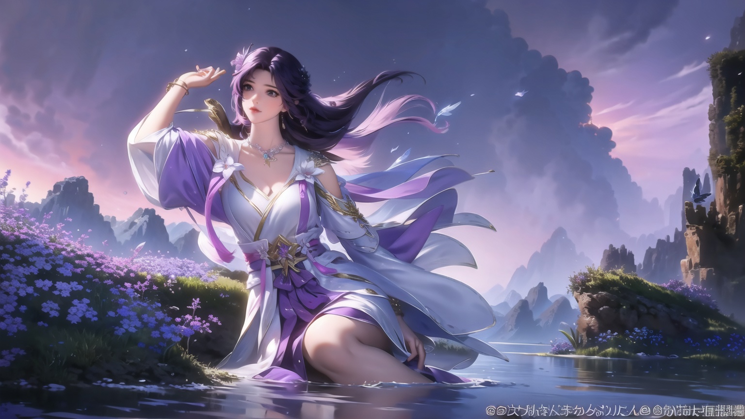 masterpiece,best quality,official art,unity 8k wallpaper,Brilliant colors,exaggerated art,
1girl,solo,bracelet,flower,long purple_hair,purple dress,otus, hair ornament, bare legs, sky, jewelry, lily pad, bug, flower, mountain, solo, sitting, water, blue sky, butterfly, brown hair, chinese clothes, purple hair, youcai