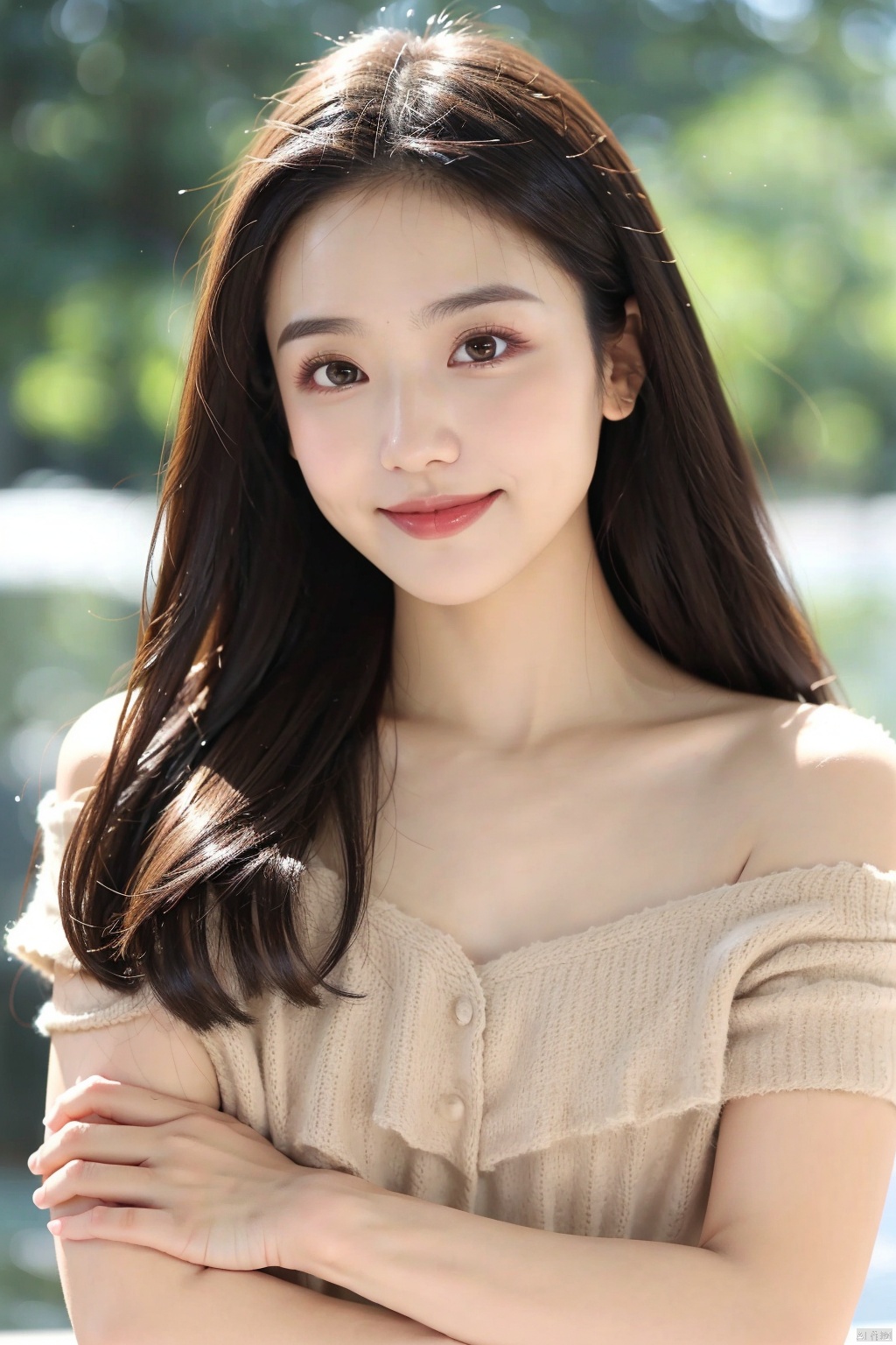 1girl, long hair, solo, black hair, realistic, looking at viewer, blurry, smile, head tilt, lips, upper body, bare shoulders, black eyes, blurry background, brown eyes, water